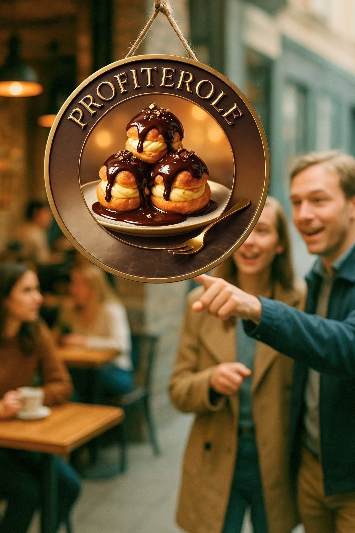 Profiterol Temalı İpli Ahşap Kapı Duvar Süsü, Pastane, Tatlı Dükkanı, Cafe Tablo Dekoru