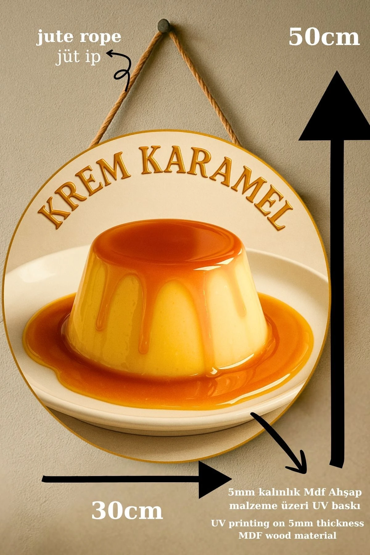 Krem Karamel Temalı İpli Ahşap Kapı Duvar Süsü, Pastane, Tatlı Dükkanı, Cafe Tablo Dekoru