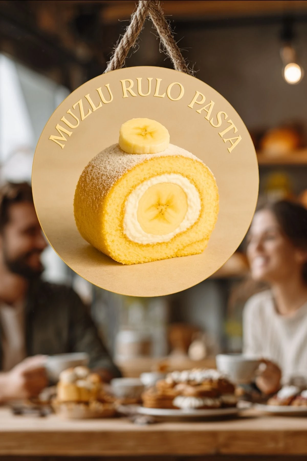 Muzlu Rulo Pasta Temalı İpli Ahşap Kapı Duvar Süsü, Pastane, Tatlı Dükkanı, Cafe Tablo Dekoru