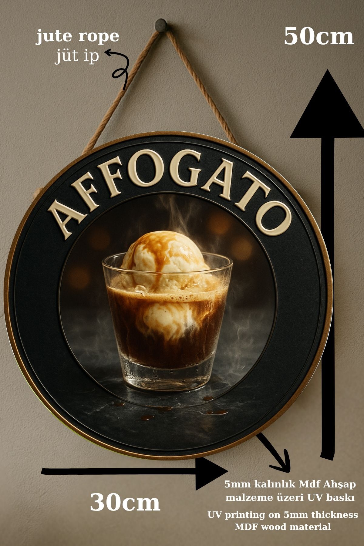 Affogato Temalı Yuvarlak Cafe Tabelası – Jüt İpli Ahşap Duvar & Kapı Dekoru | Barista Tarzı Süs