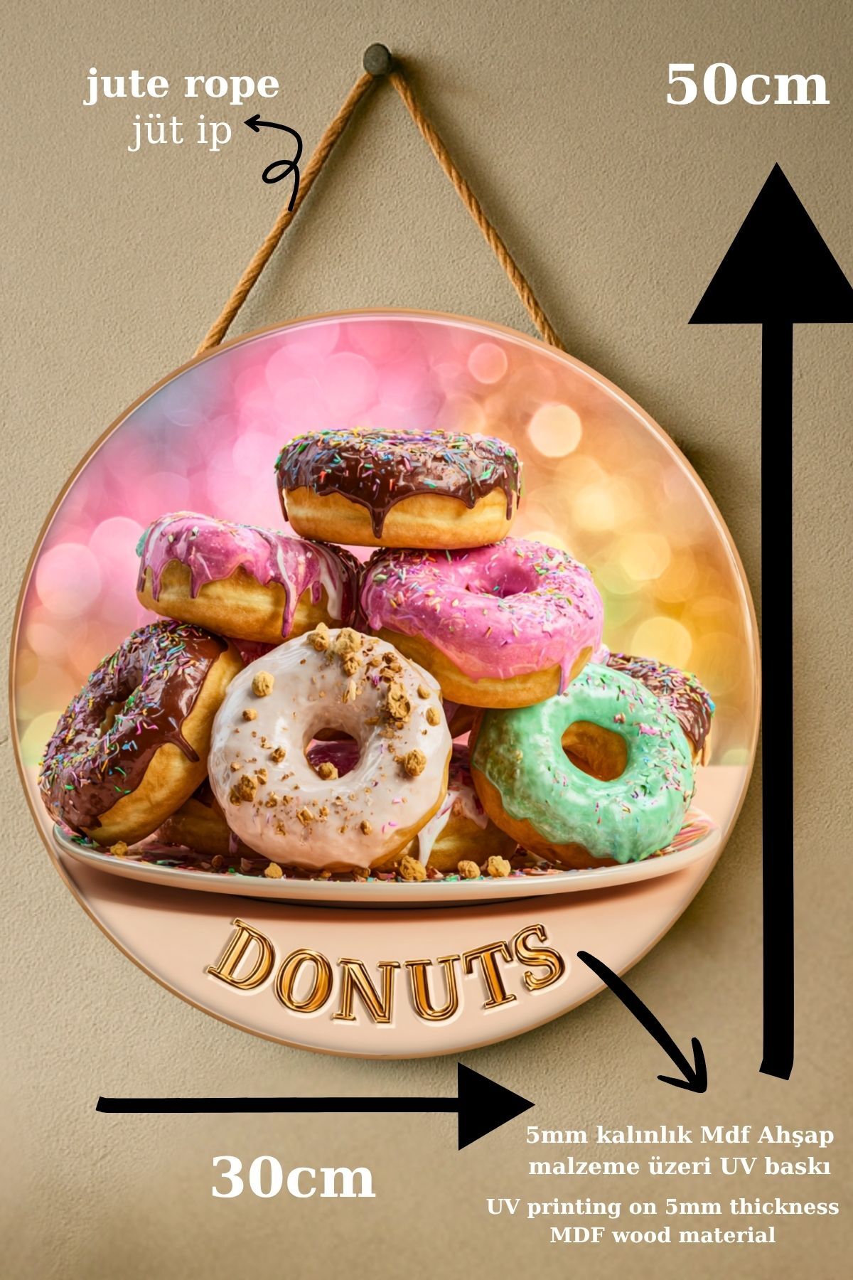 Donut Temalı İpli Ahşap Kapı Duvar Süsü, Pastane, Tatlı Dükkanı, Cafe Tablo Dekoru