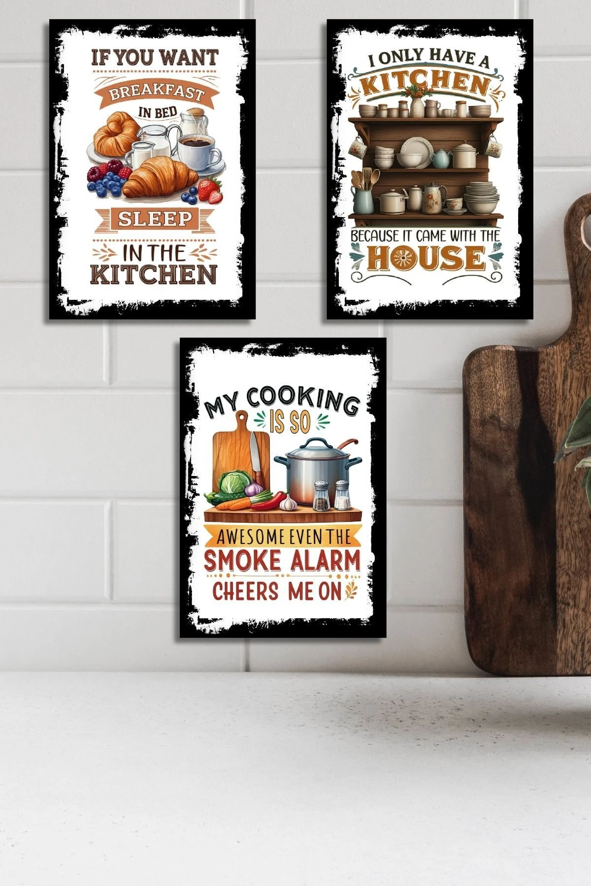 3'lü Ahşap Duvar Posterleri Seti, Mutfak, Cafe veya Yemek Odası için Modern Tablo Dekorasyonu