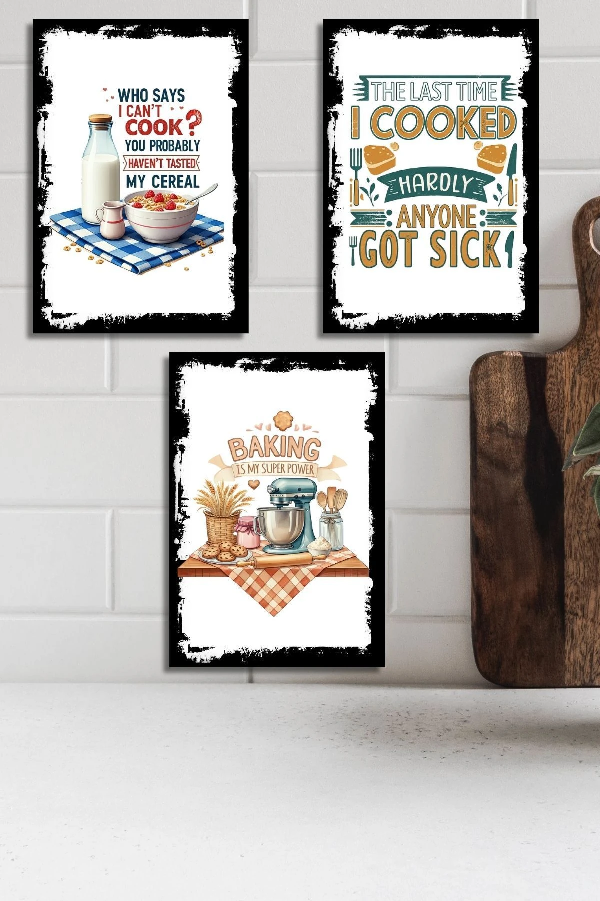 3'lü Ahşap Duvar Posterleri Seti, Mutfak, Cafe veya Yemek Odası için Modern Tablo Dekorasyonu