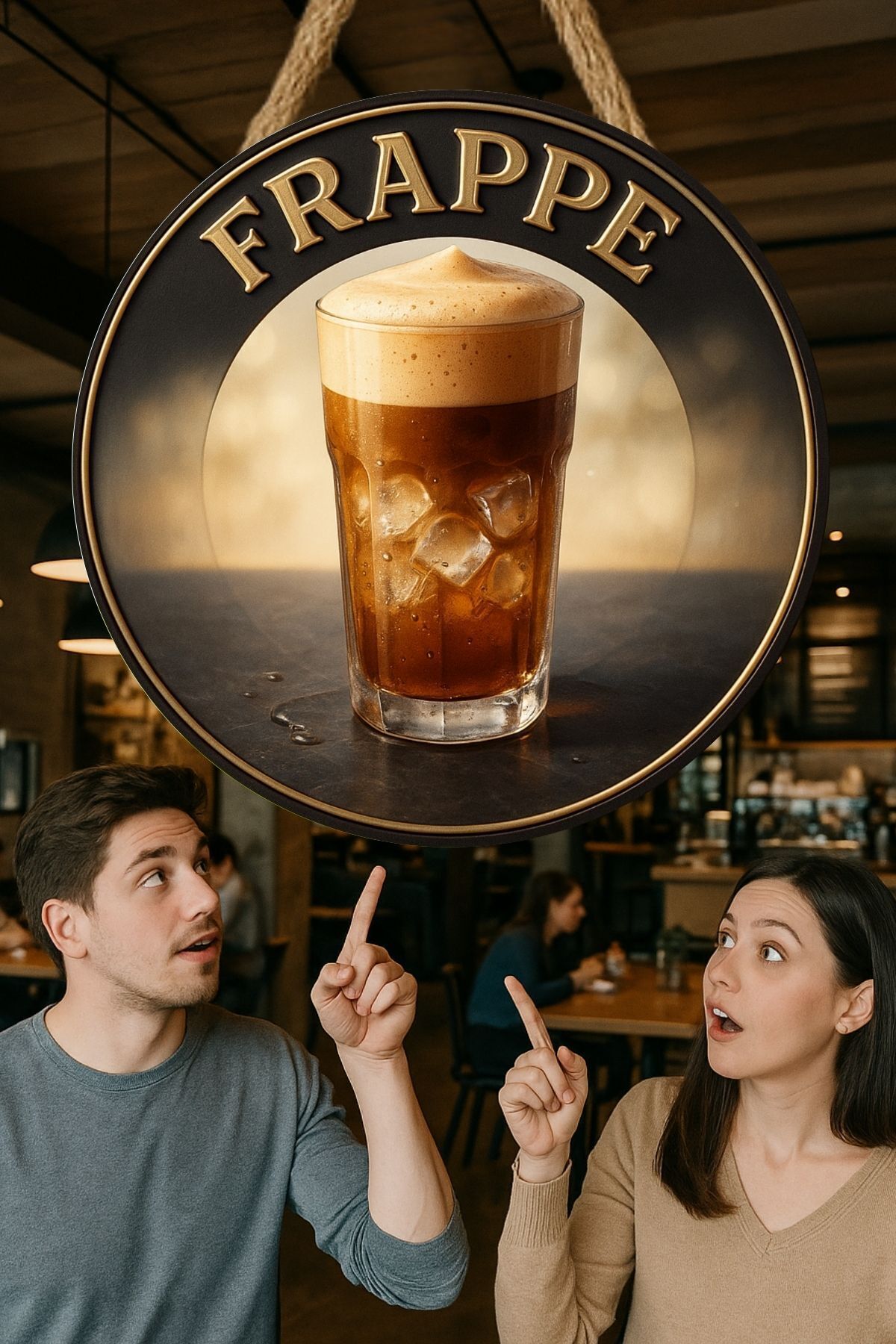 Frappe Temalı Yuvarlak Cafe Tabelası – Jüt İpli Ahşap Duvar & Kapı Dekoru | Barista Tarzı Retro Süs