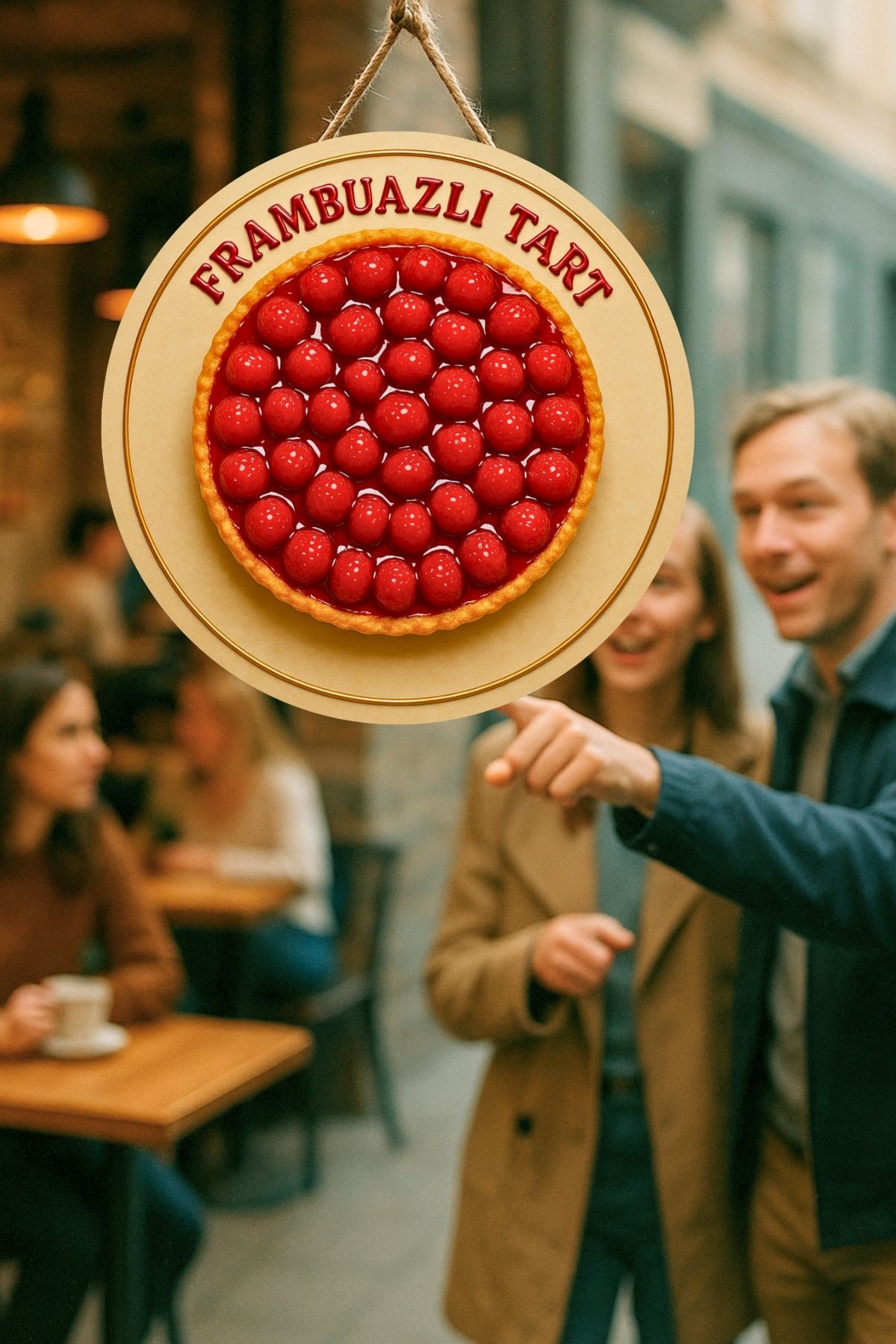 Frambuazlı Tart Temalı İpli Ahşap Kapı Duvar Süsü, Pastane, Tatlı Dükkanı, Cafe Tablo Dekoru