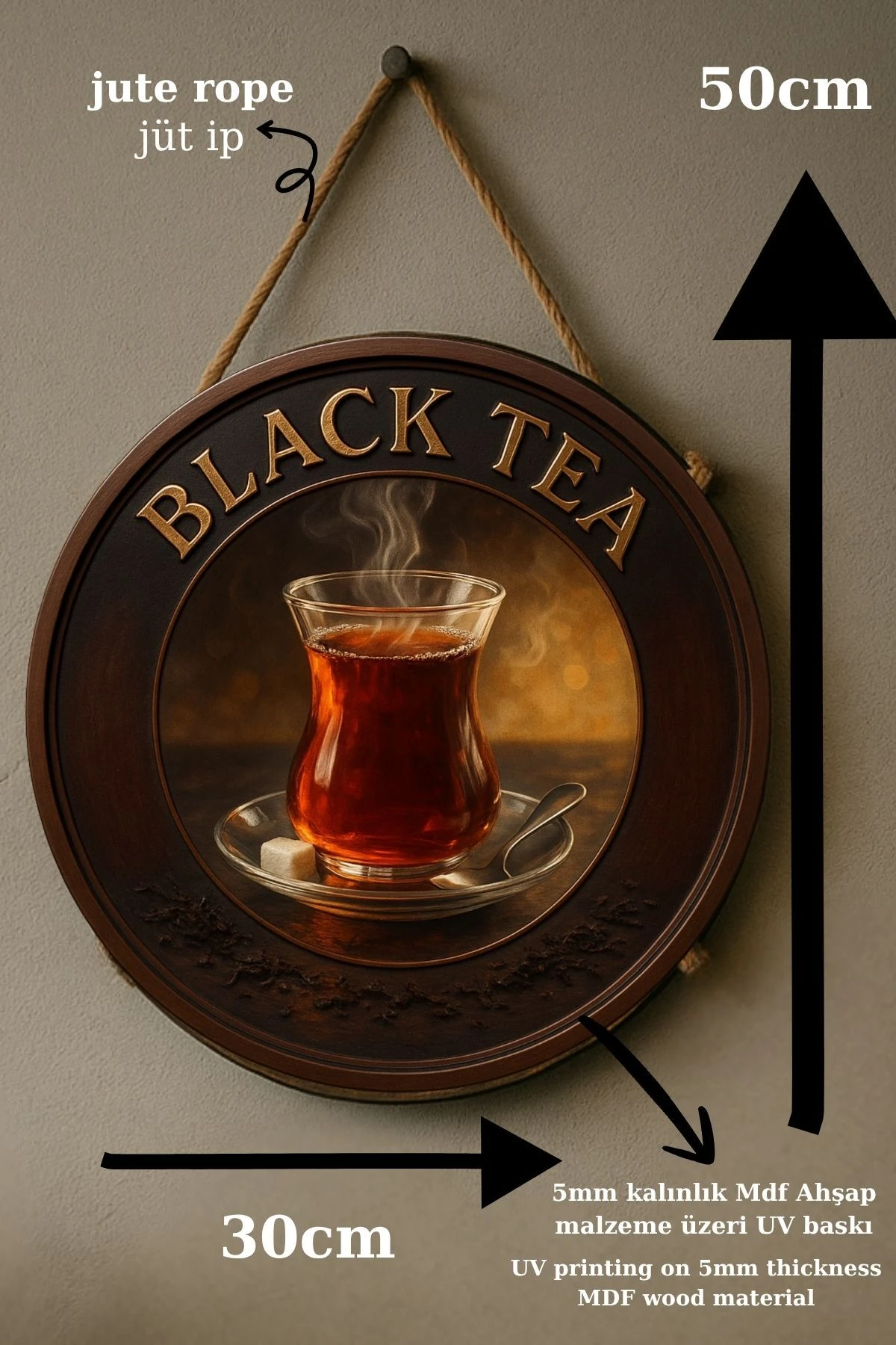 Black Tea Temalı Yuvarlak Cafe Tabelası – Jüt İpli Ahşap Duvar & Kapı Dekoru | Barista Tarzı Süs