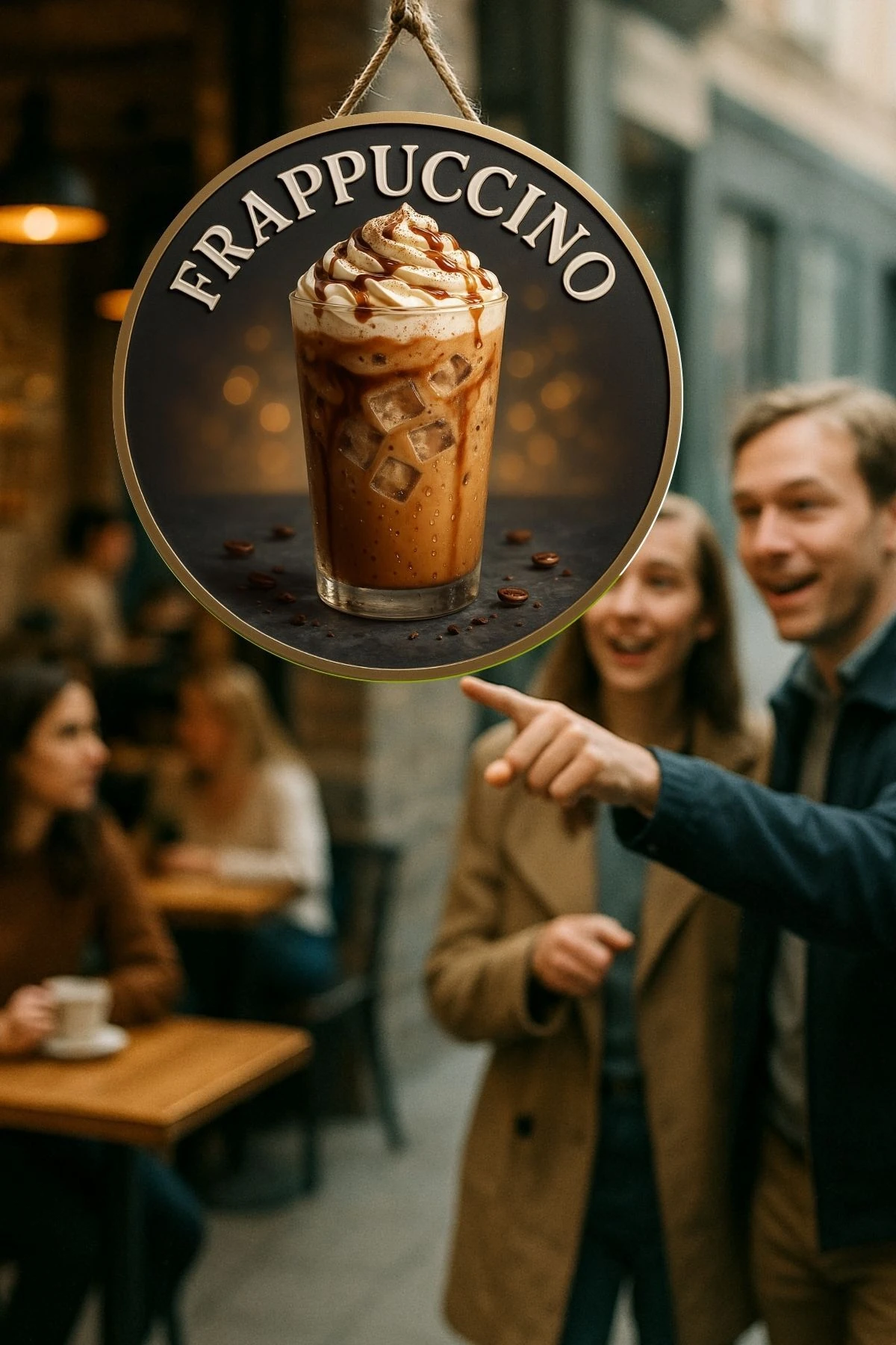 Frappuccino Temalı Yuvarlak Cafe Tabelası – Jüt İpli Ahşap Duvar & Kapı Dekoru | Barista Tarzı Süs