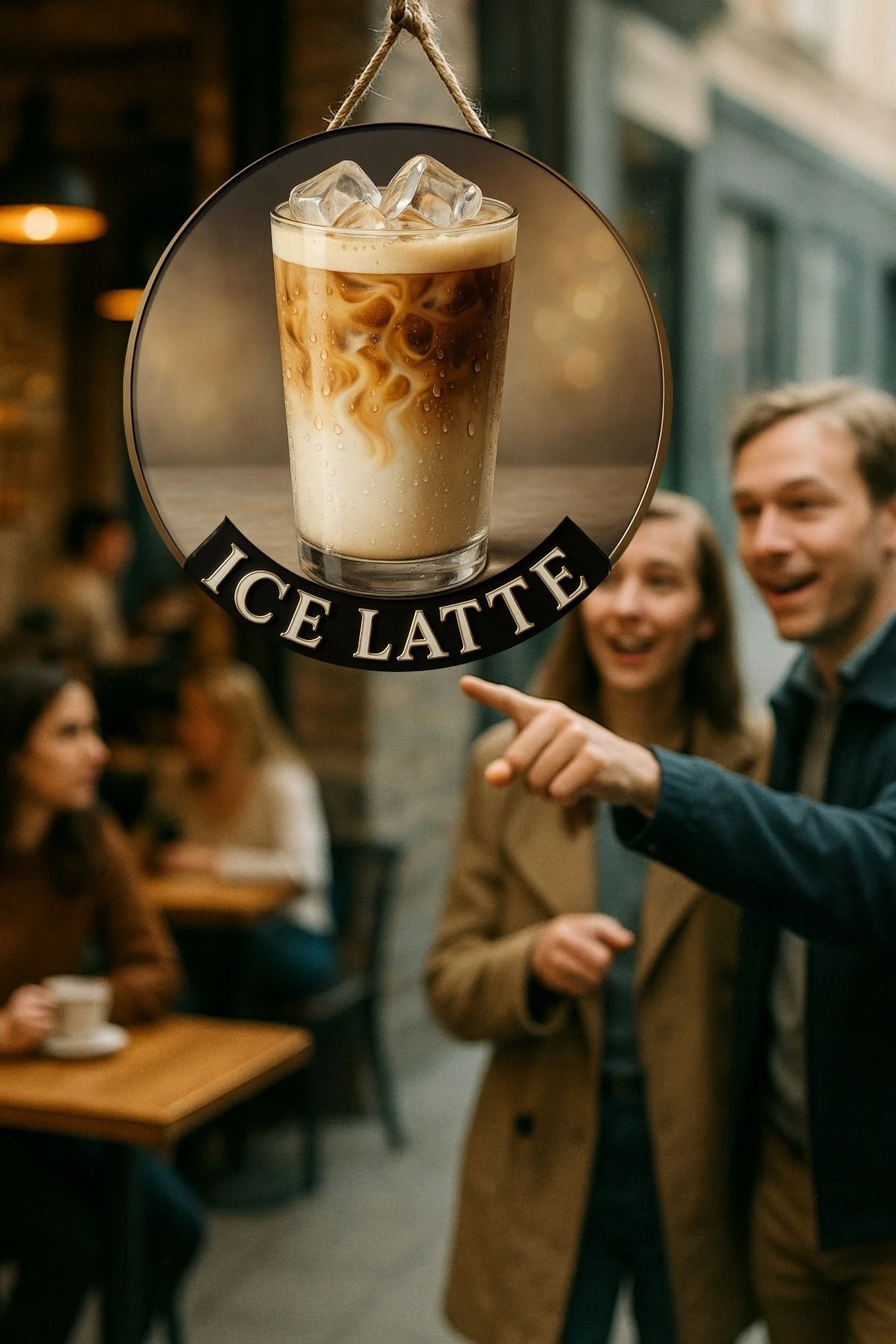 Ice Latte Temalı Yuvarlak Cafe Tabelası – Jüt İpli Ahşap Duvar & Kapı Dekoru | Barista Tarzı Süs