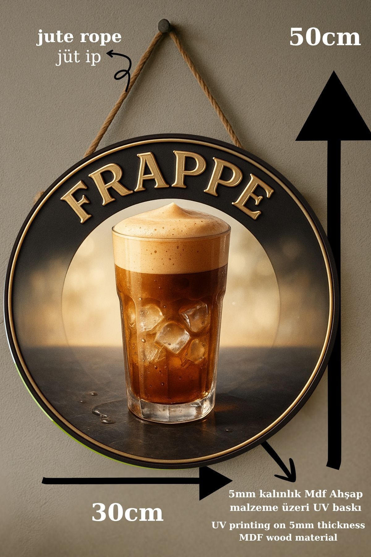 Frappe Temalı Yuvarlak Cafe Tabelası – Jüt İpli Ahşap Duvar & Kapı Dekoru | Barista Tarzı Retro Süs