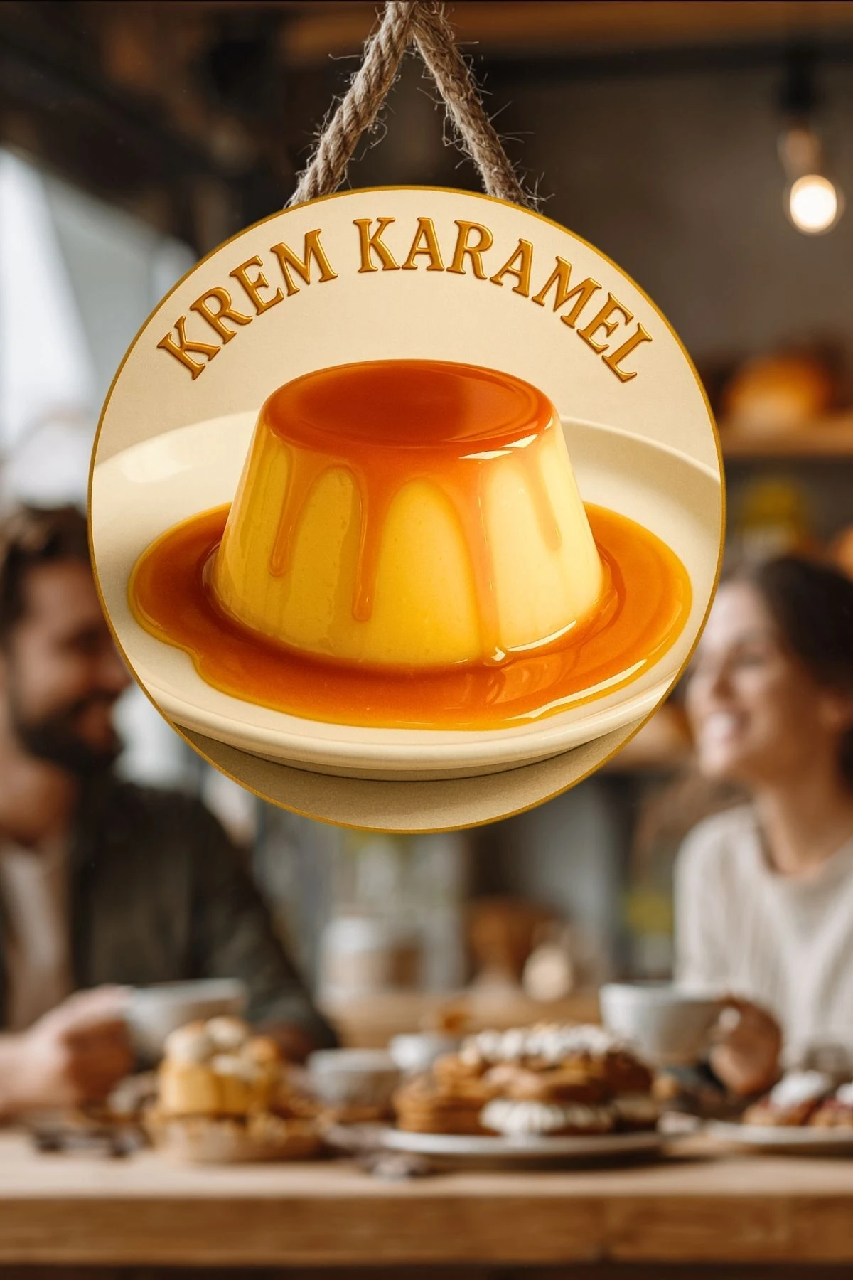 Krem Karamel Temalı İpli Ahşap Kapı Duvar Süsü, Pastane, Tatlı Dükkanı, Cafe Tablo Dekoru
