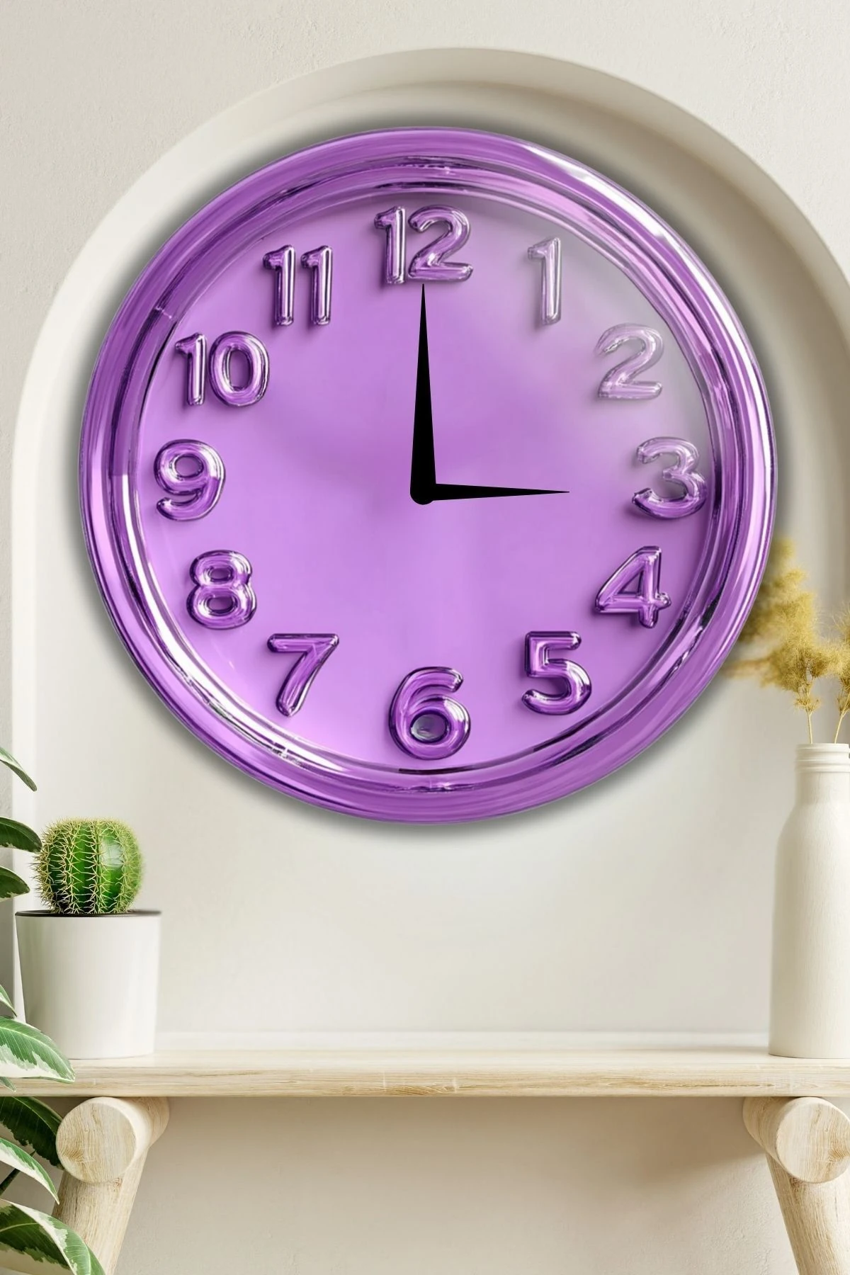 Büyük Boy Ahşap Dekoratif Mor Renkli Duvar Saati Yuvarlak Modern Sessiz Akar Duvar Saati Modeli