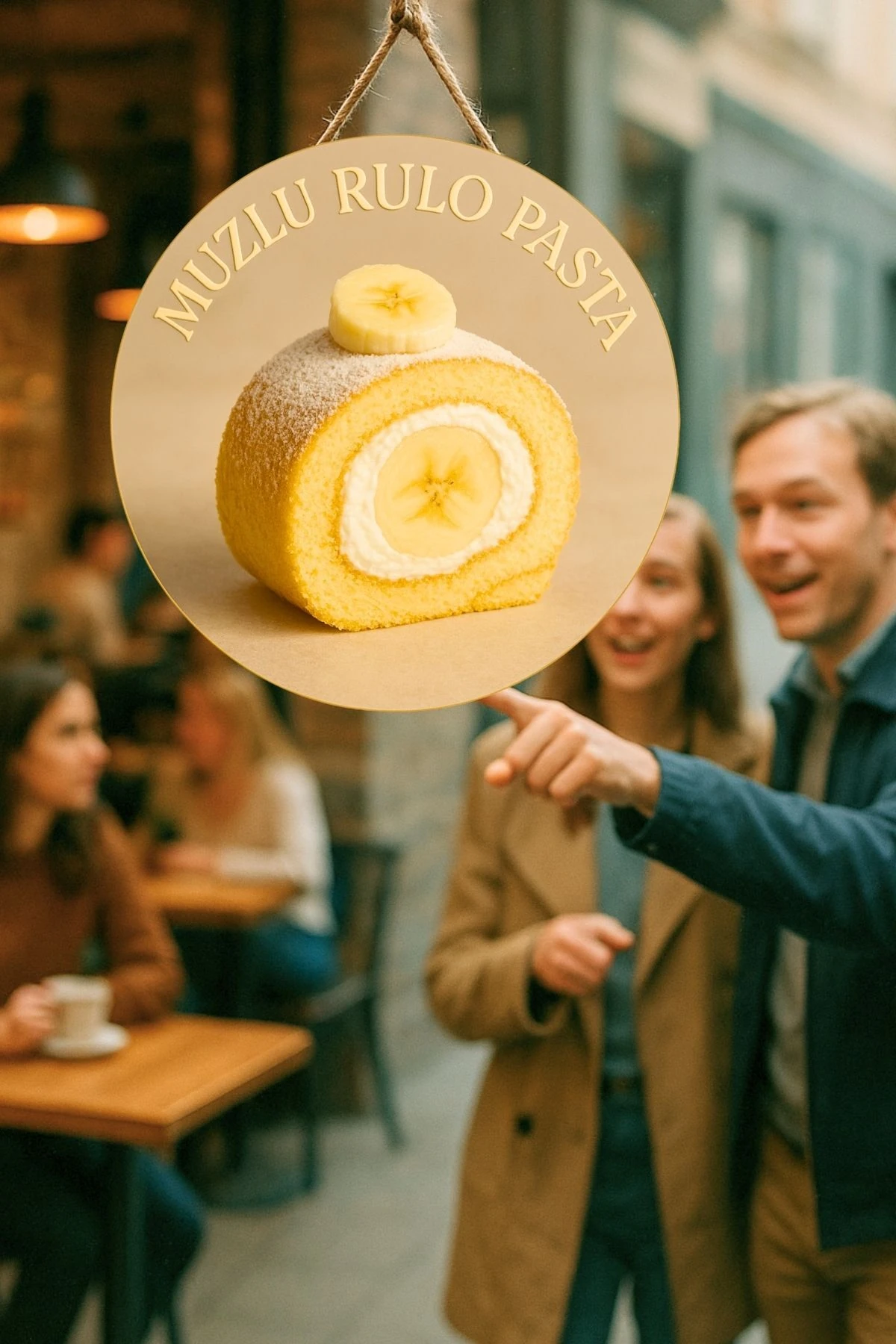 Muzlu Rulo Pasta Temalı İpli Ahşap Kapı Duvar Süsü, Pastane, Tatlı Dükkanı, Cafe Tablo Dekoru