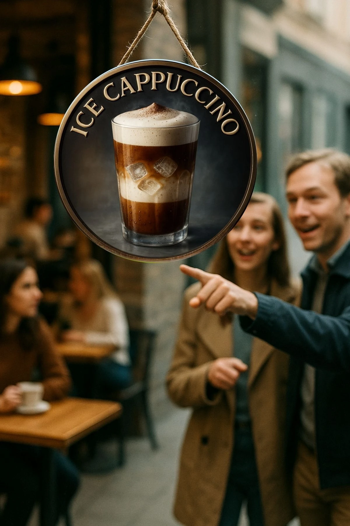 Ice Cappuccino Temalı Yuvarlak Cafe Tabelası – Jüt İpli Ahşap Duvar & Kapı Dekoru | Barista Süsü