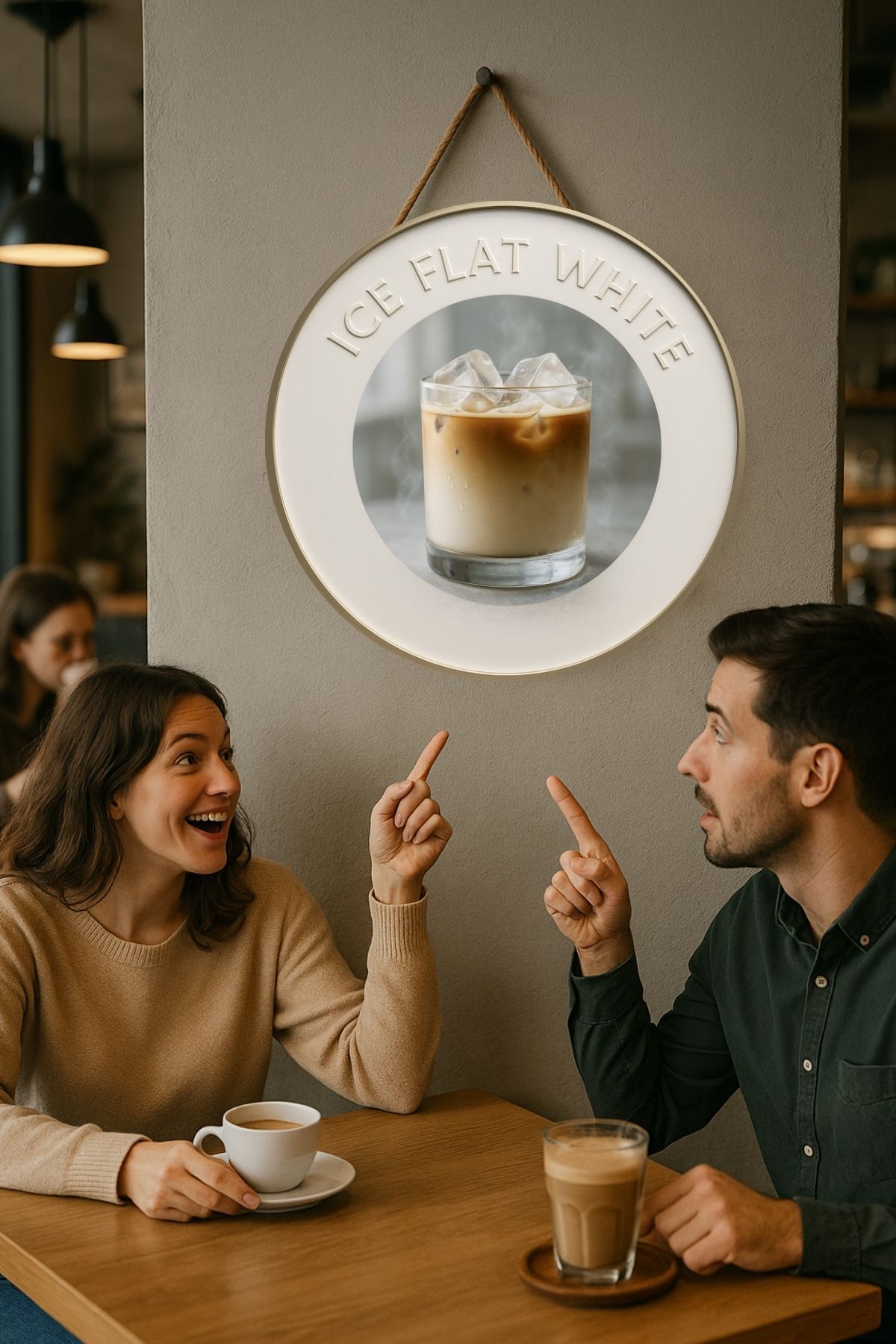 Ice Flat White Temalı Yuvarlak Cafe Tabelası – Jüt İpli Ahşap Duvar & Kapı Dekoru | Barista Süsü