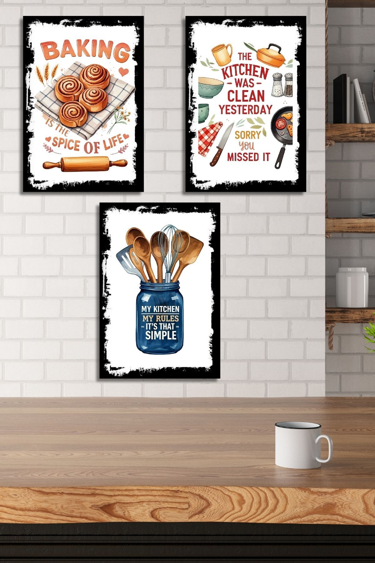 3'lü Ahşap Duvar Posterleri Seti, Mutfak, Cafe veya Yemek Odası için Modern Tablo Dekorasyonu