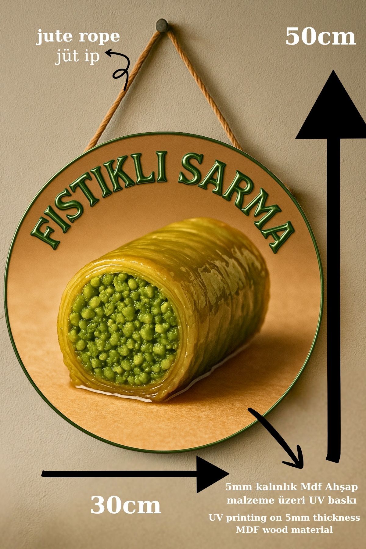 Fıstıklı Sarma Temalı İpli Ahşap Kapı Duvar Süsü, Pastane, Tatlı Dükkanı, Cafe Tablo Dekoru