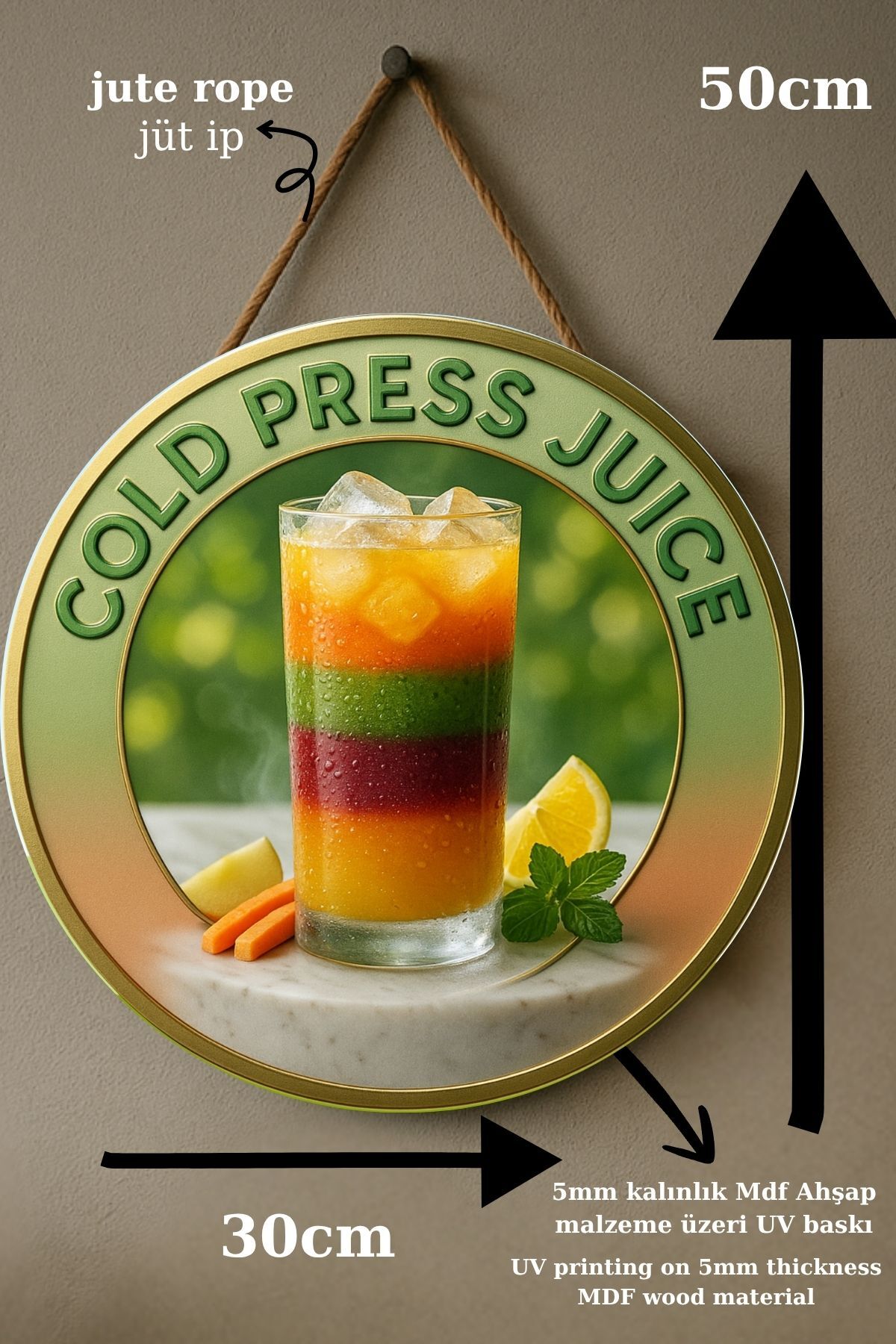 Cold Press Juice Temalı Kapı Süsü Tablosu – Meyve Detaylı UV Baskılı Cafe Duvar Dekoru