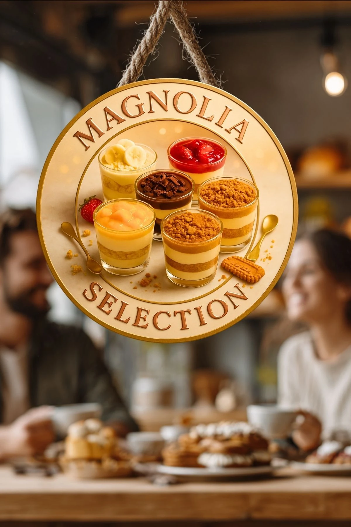 Magnolia Temalı İpli Ahşap Kapı Duvar Süsü, Pastane, Tatlı Dükkanı, Cafe Tablo Dekoru