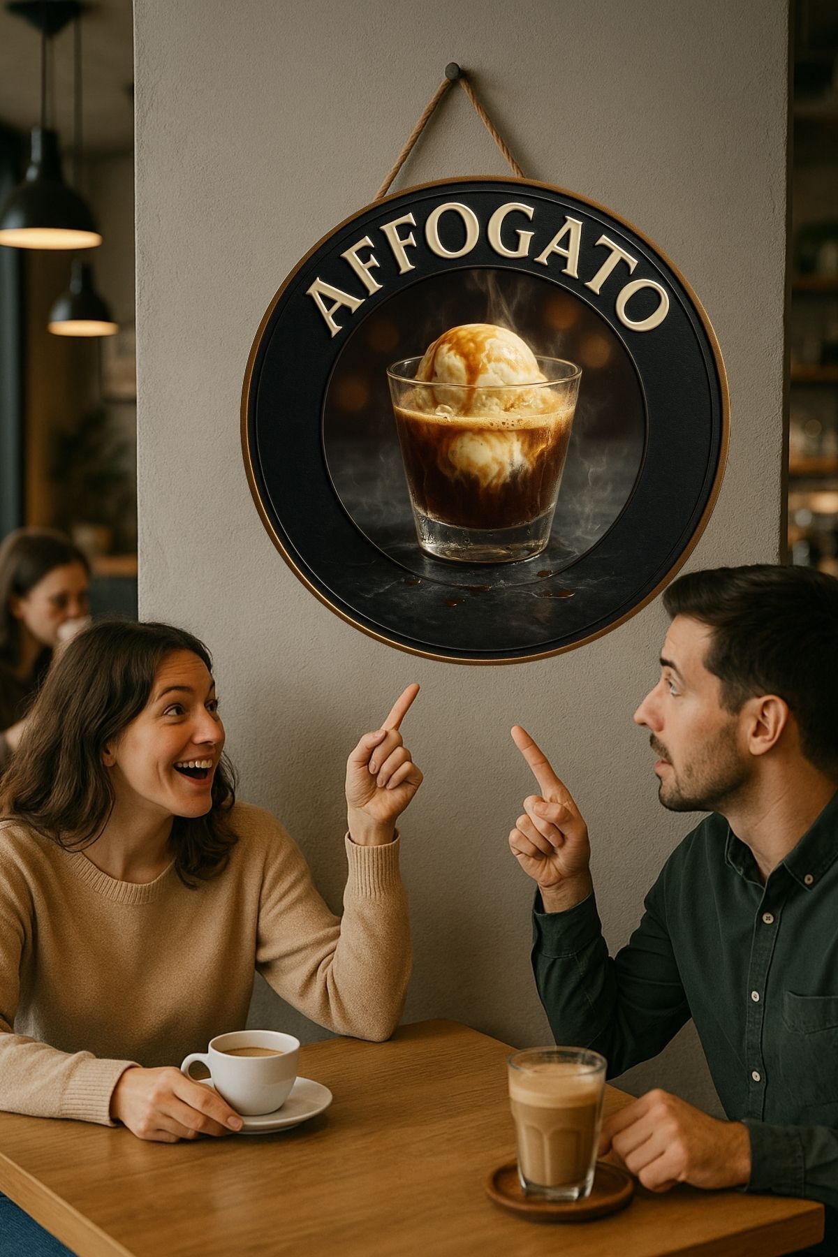 Affogato Temalı Yuvarlak Cafe Tabelası – Jüt İpli Ahşap Duvar & Kapı Dekoru | Barista Tarzı Süs