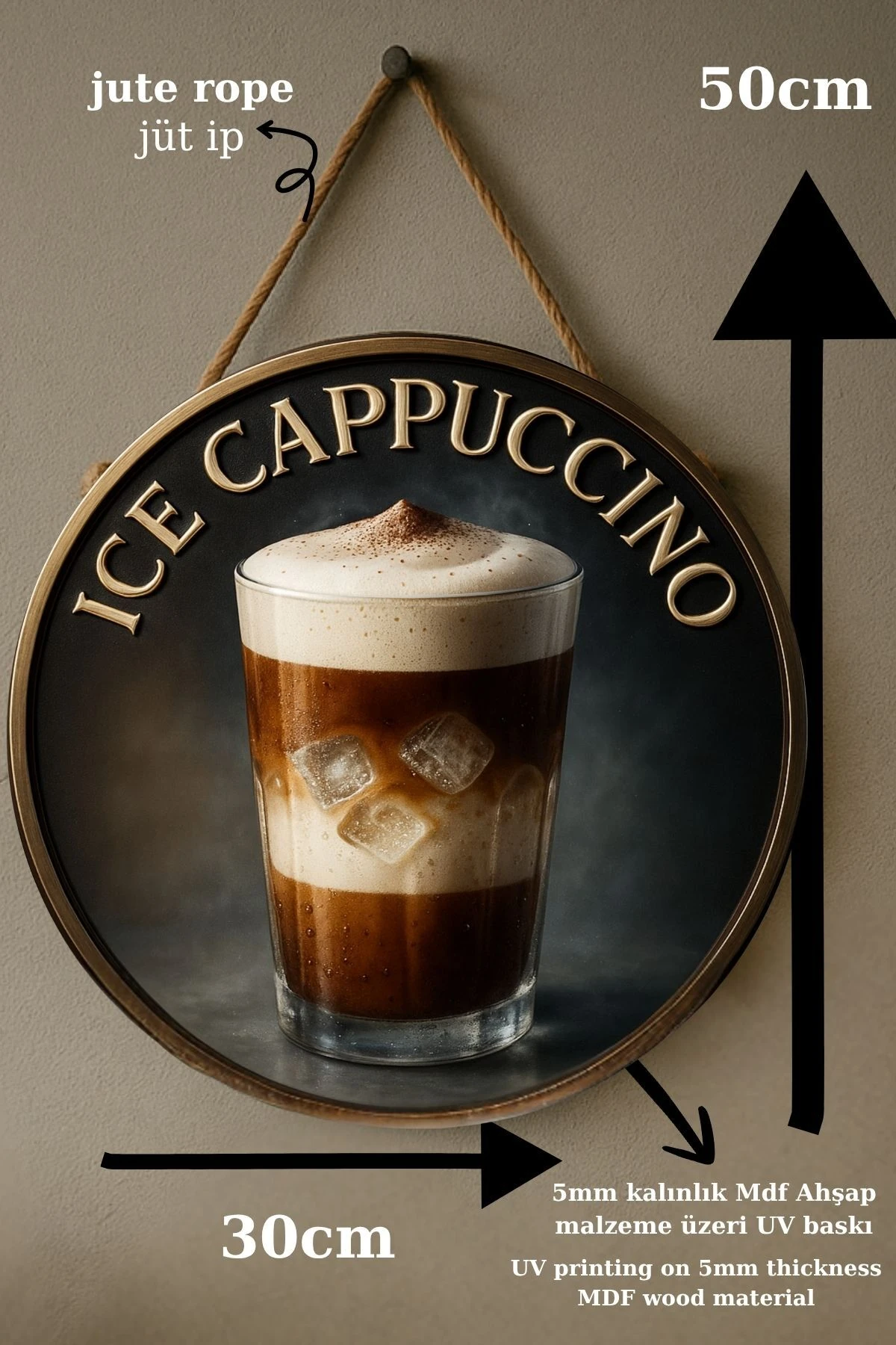 Ice Cappuccino Temalı Yuvarlak Cafe Tabelası – Jüt İpli Ahşap Duvar & Kapı Dekoru | Barista Süsü