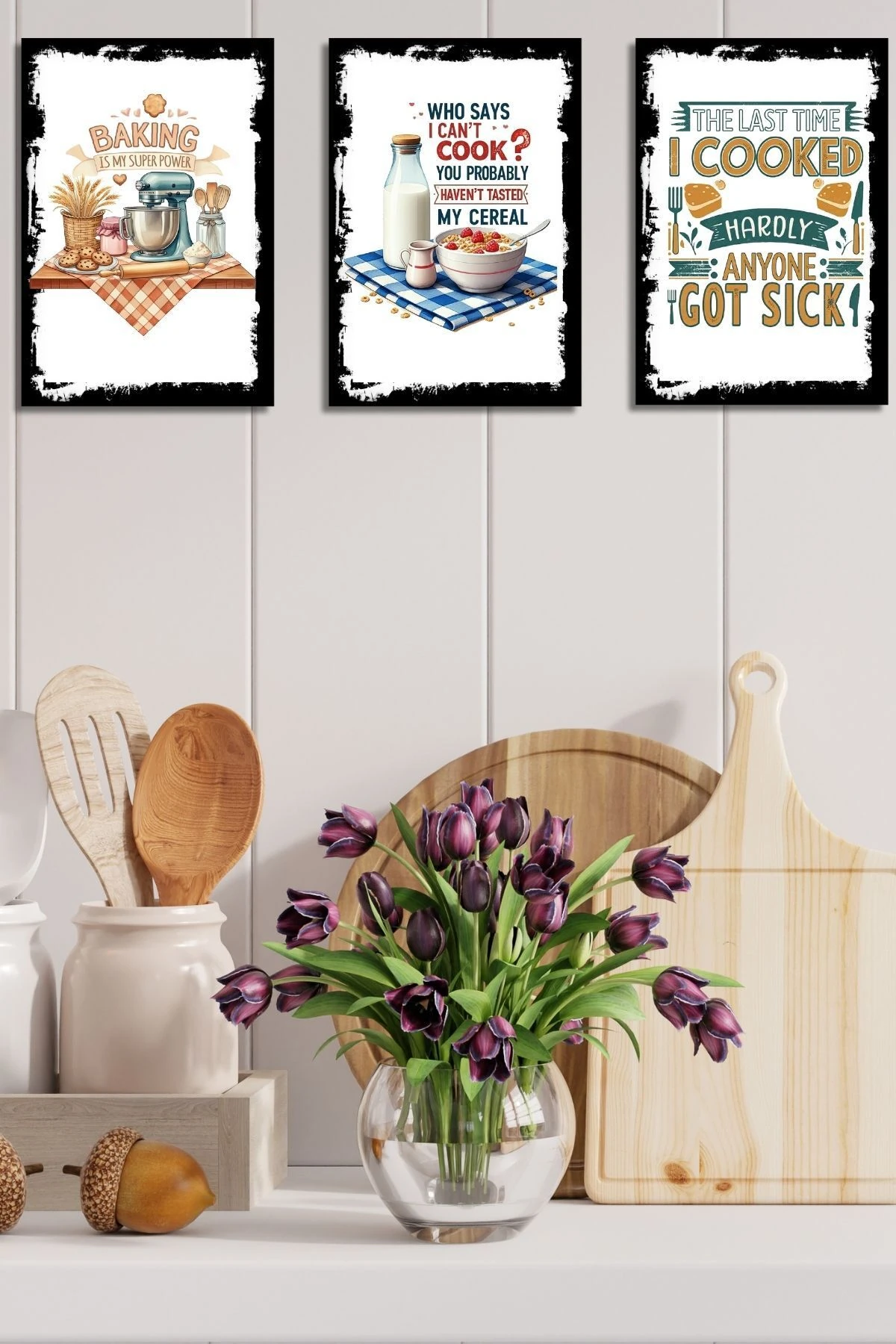 3'lü Ahşap Duvar Posterleri Seti, Mutfak, Cafe veya Yemek Odası için Modern Tablo Dekorasyonu