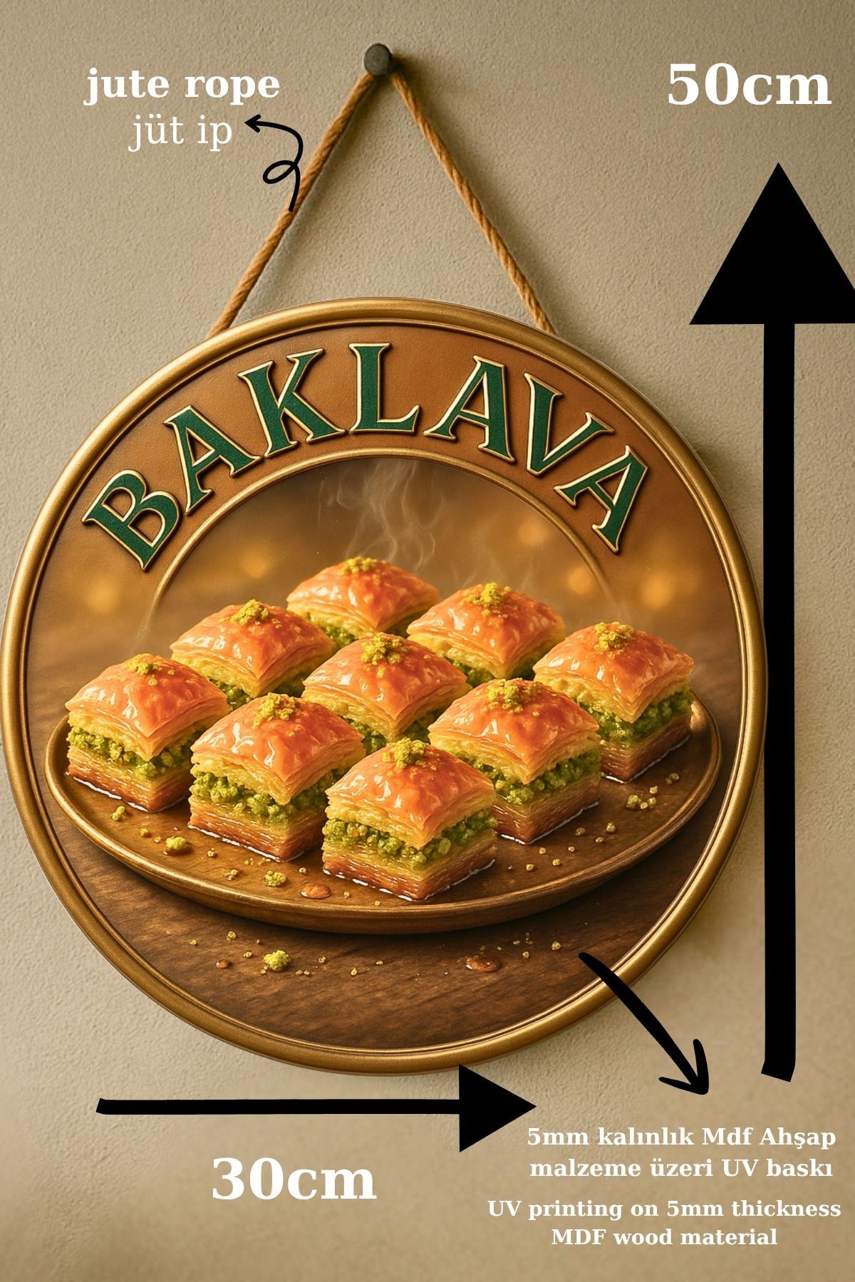 Baklava Temalı İpli Ahşap Kapı Duvar Süsü, Pastane, Tatlı Dükkanı, Cafe Tablo Dekoru
