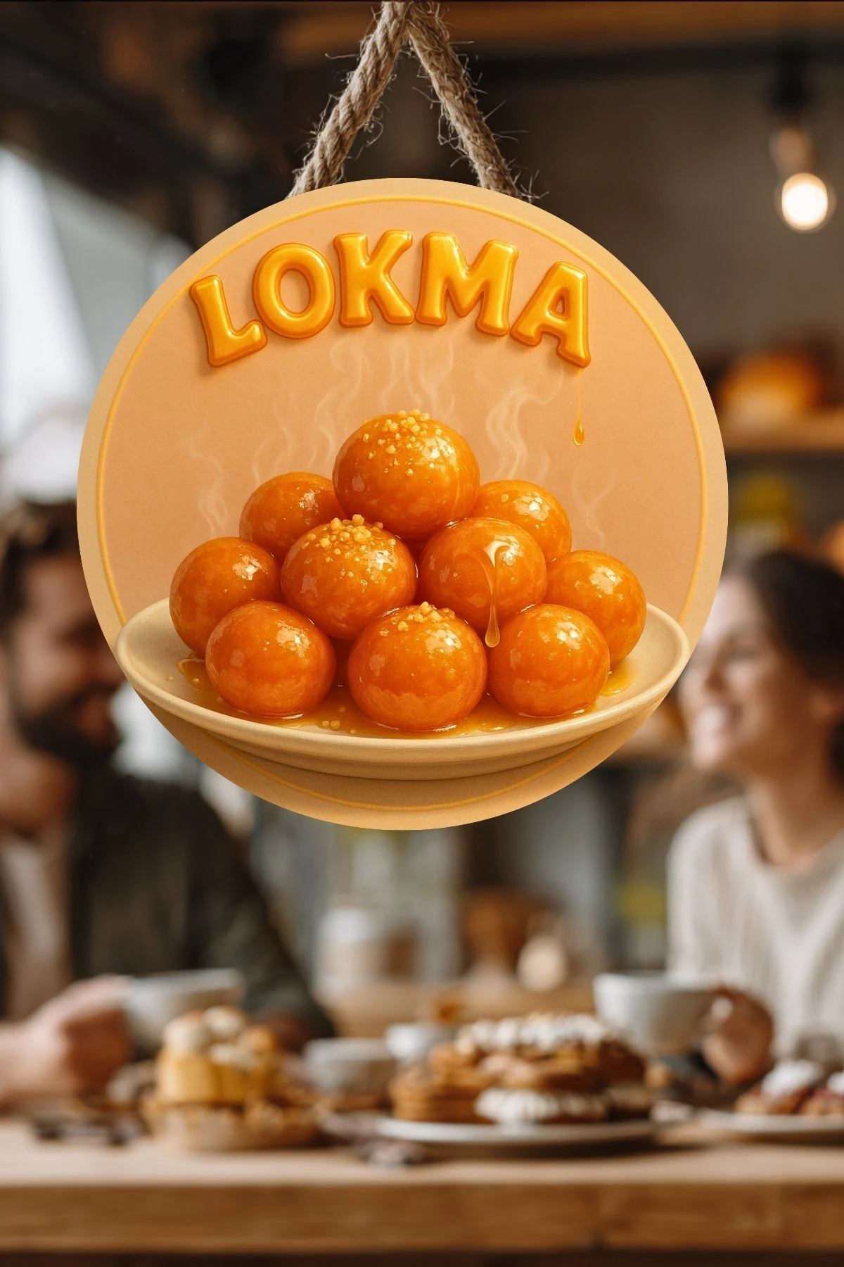 Lokma Tatlısı Temalı İpli Ahşap Kapı Duvar Süsü, Pastane, Tatlı Dükkanı, Cafe Tablo Dekoru