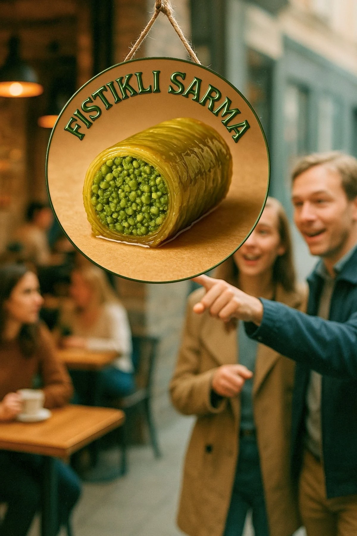 Fıstıklı Sarma Temalı İpli Ahşap Kapı Duvar Süsü, Pastane, Tatlı Dükkanı, Cafe Tablo Dekoru