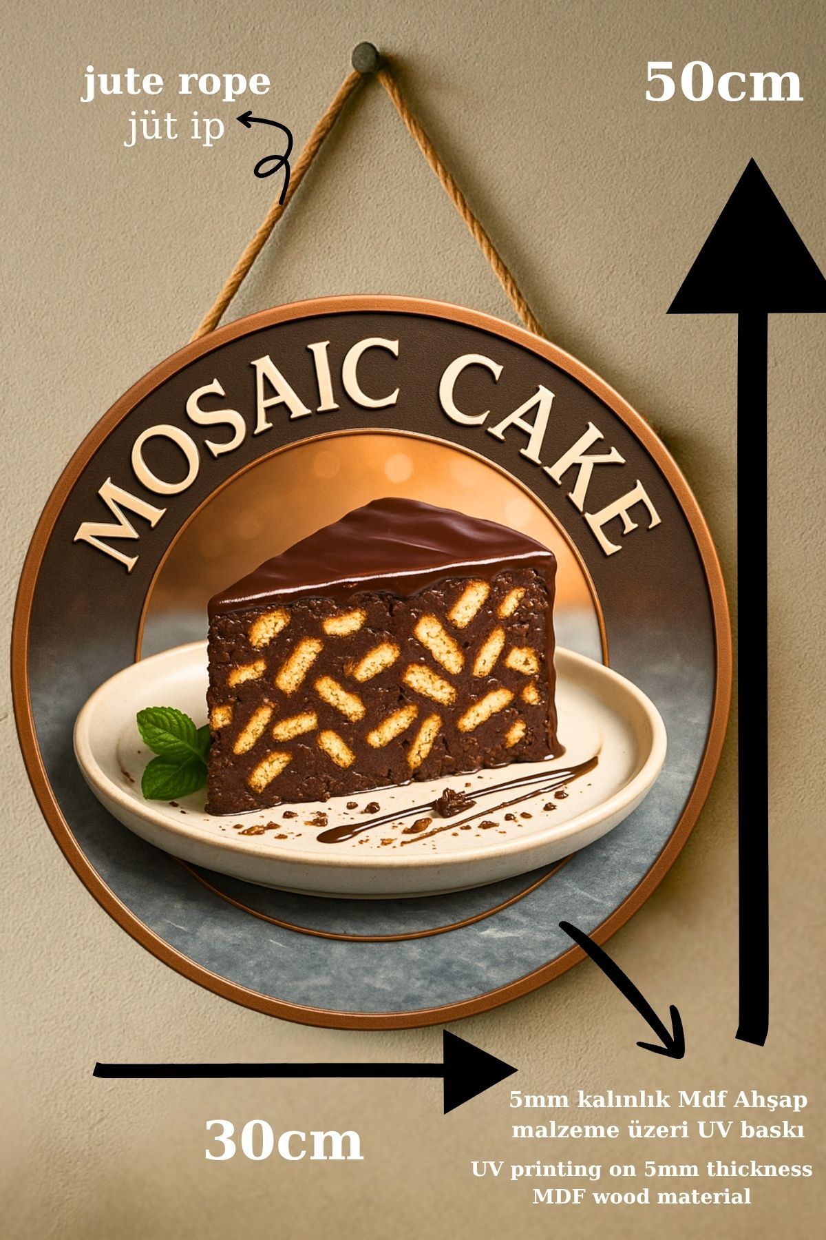 Mozaik Kek Temalı İpli Ahşap Kapı Duvar Süsü, Pastane, Tatlı Dükkanı, Cafe Tablo Dekoru