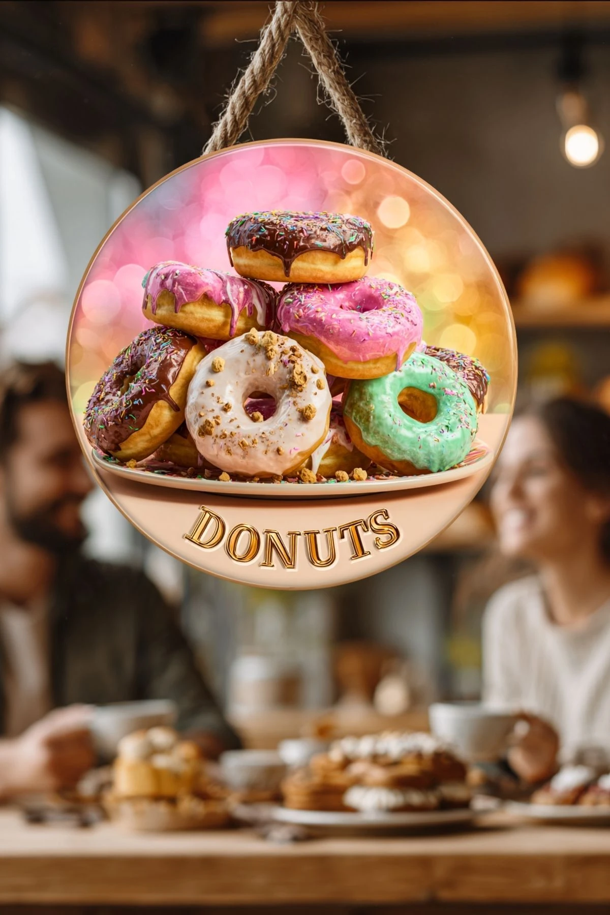 Donut Temalı İpli Ahşap Kapı Duvar Süsü, Pastane, Tatlı Dükkanı, Cafe Tablo Dekoru
