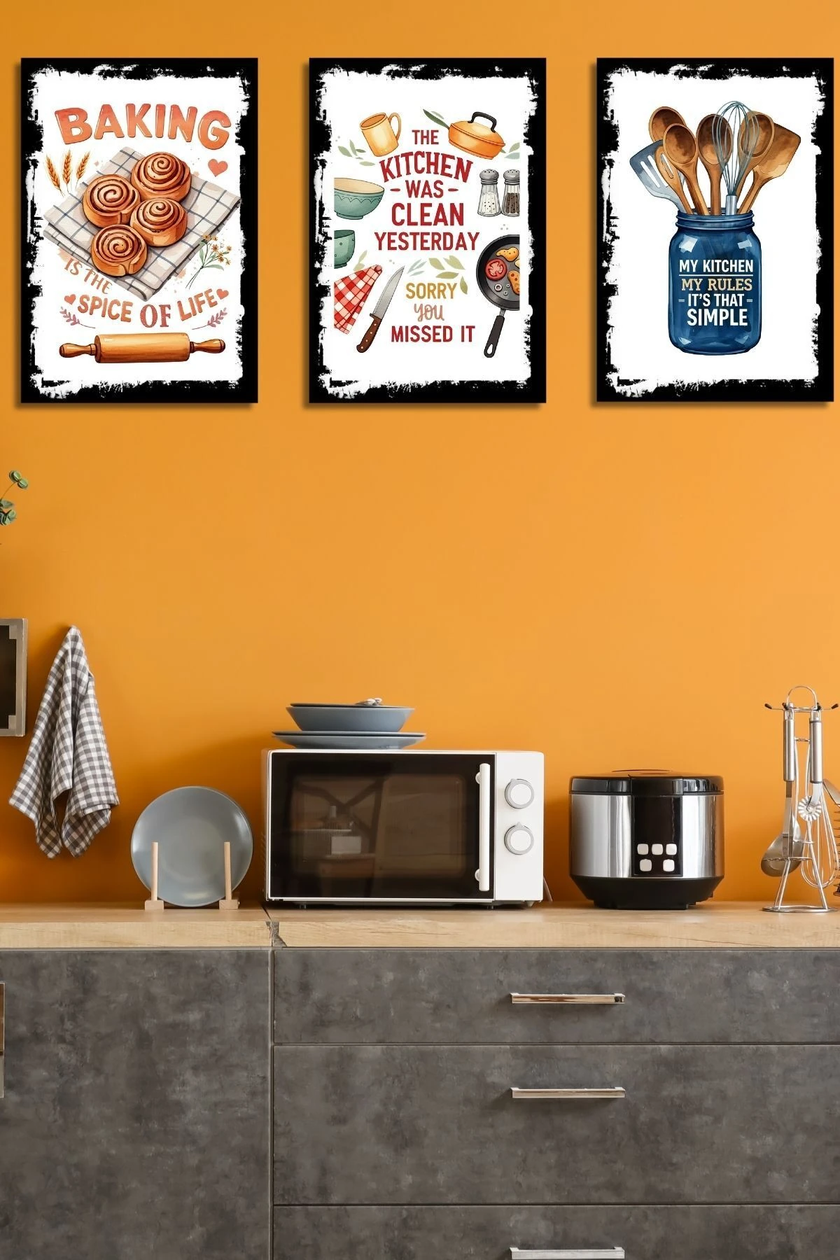 3'lü Ahşap Duvar Posterleri Seti, Mutfak, Cafe veya Yemek Odası için Modern Tablo Dekorasyonu
