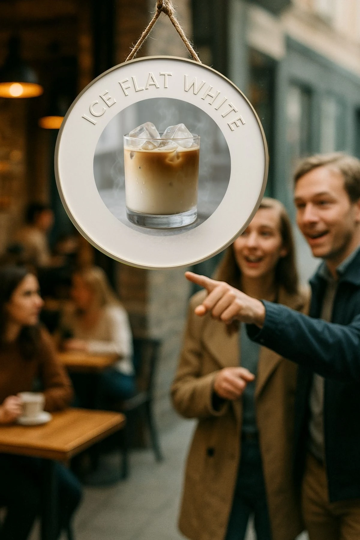 Ice Flat White Temalı Yuvarlak Cafe Tabelası – Jüt İpli Ahşap Duvar & Kapı Dekoru | Barista Süsü