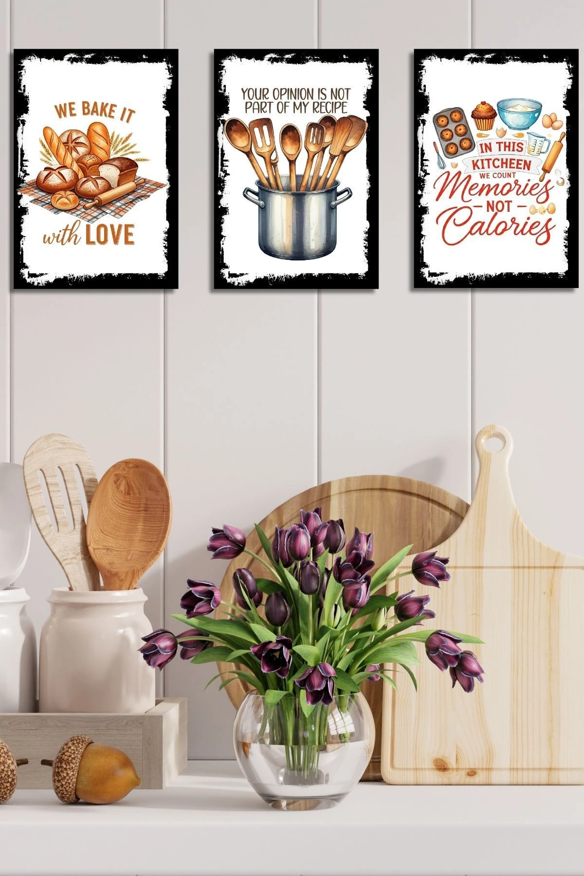 3'lü Ahşap Duvar Posterleri Seti, Mutfak, Cafe veya Yemek Odası için Modern Tablo Dekorasyonu