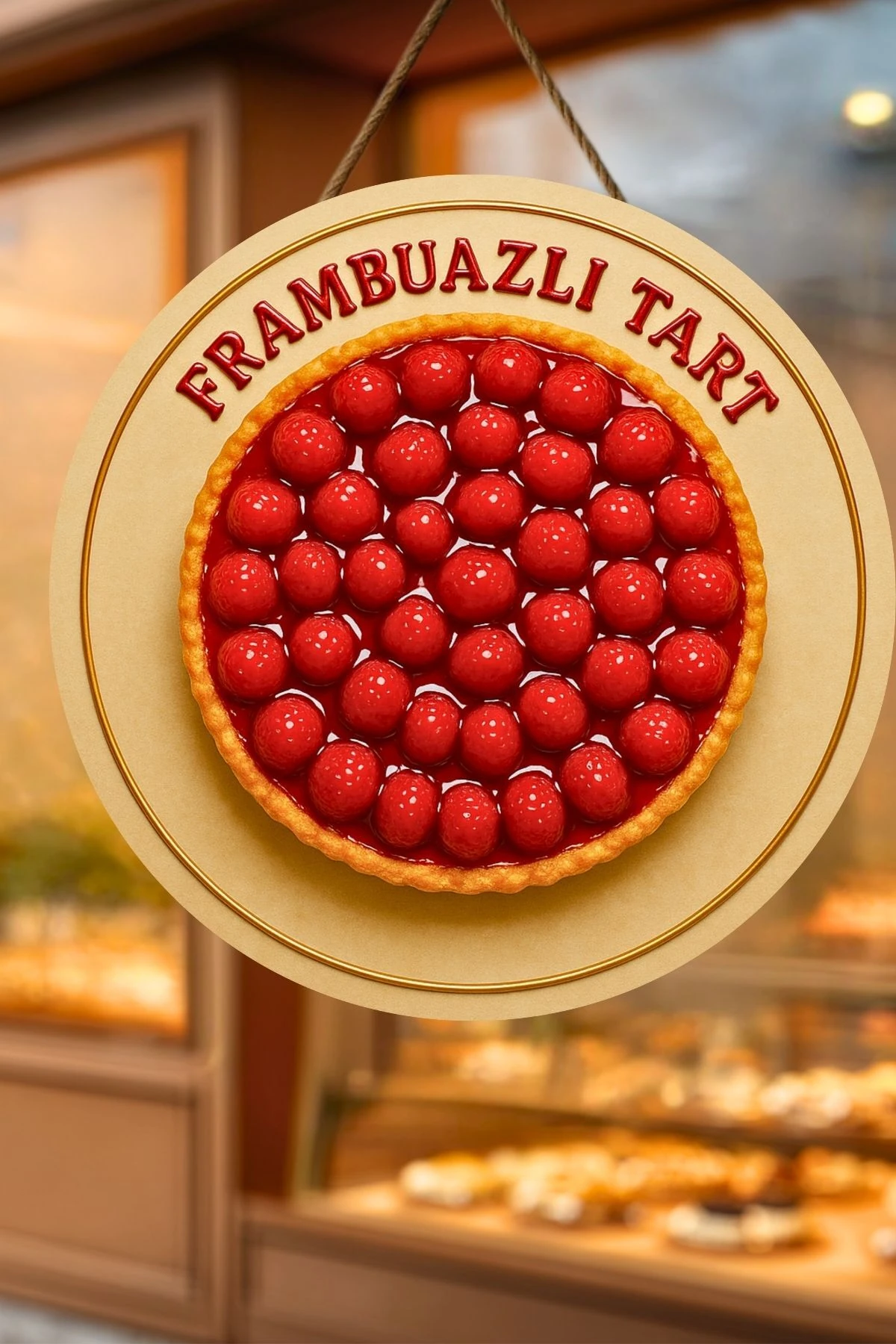 Frambuazlı Tart Temalı İpli Ahşap Kapı Duvar Süsü, Pastane, Tatlı Dükkanı, Cafe Tablo Dekoru