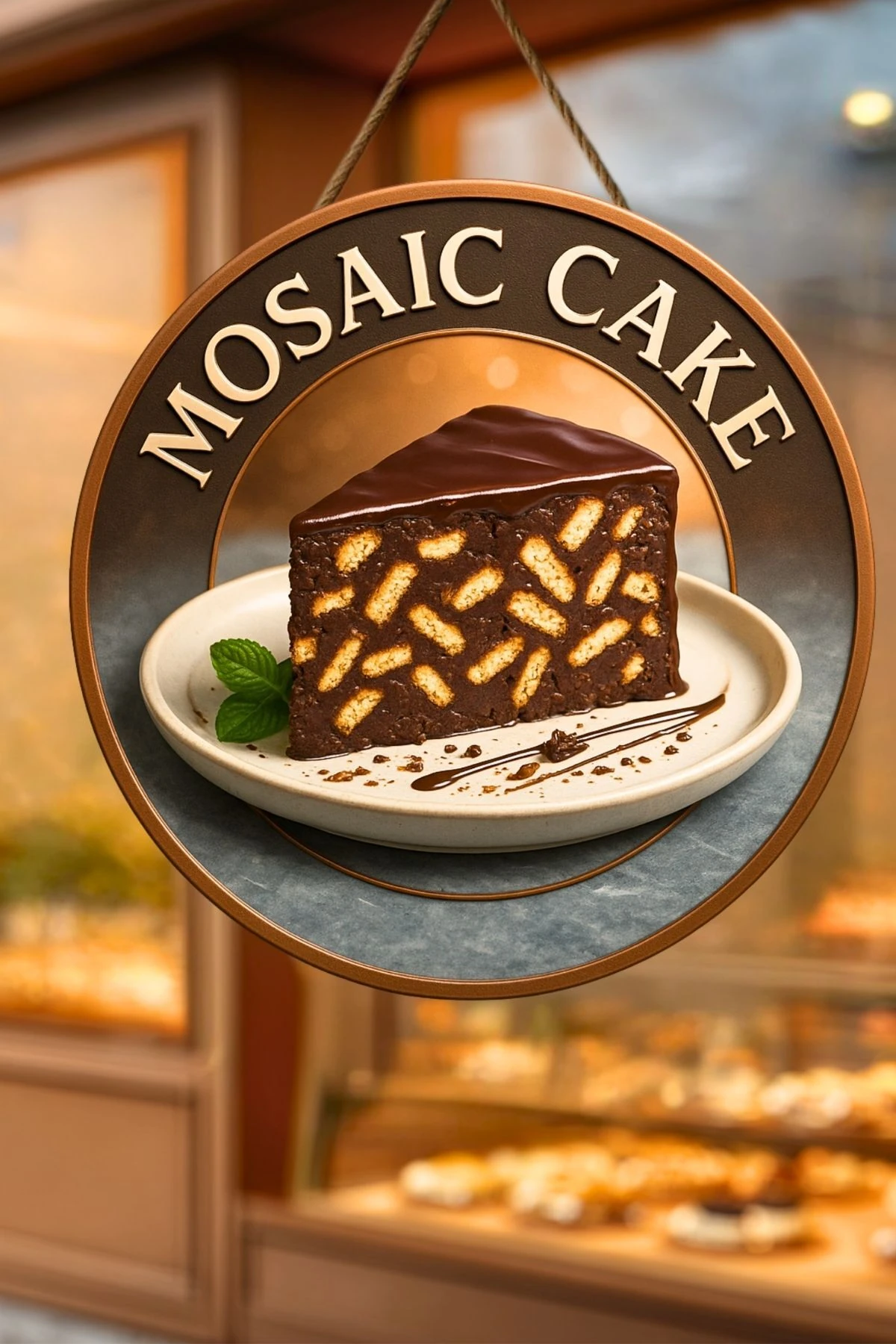 Mozaik Kek Temalı İpli Ahşap Kapı Duvar Süsü, Pastane, Tatlı Dükkanı, Cafe Tablo Dekoru