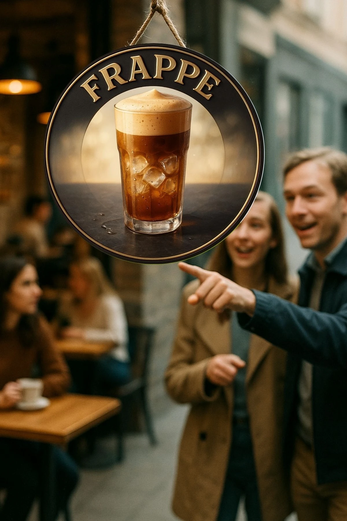 Frappe Temalı Yuvarlak Cafe Tabelası – Jüt İpli Ahşap Duvar & Kapı Dekoru | Barista Tarzı Retro Süs