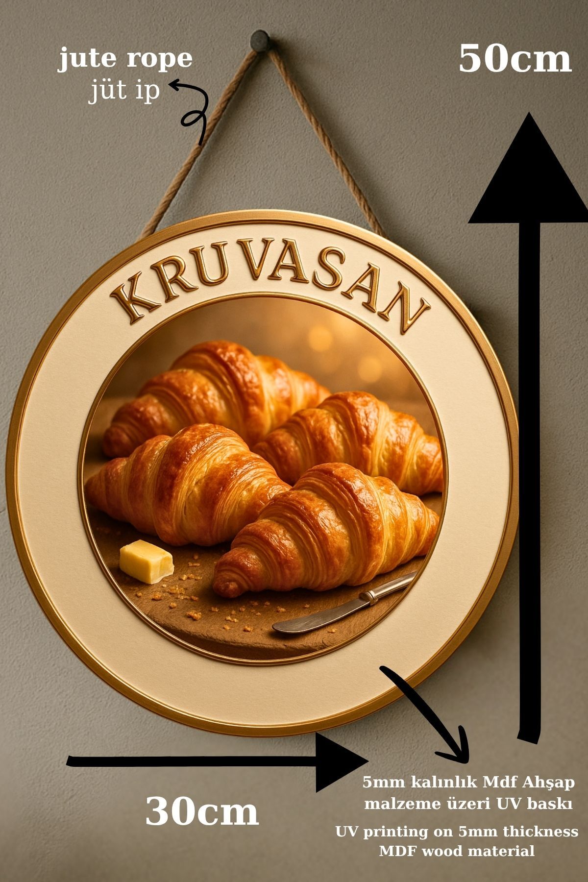 Kruvasan Temalı İpli Ahşap Kapı Duvar Süsü , Pastane, Tatlı Dükkanı, Cafe Dekoru