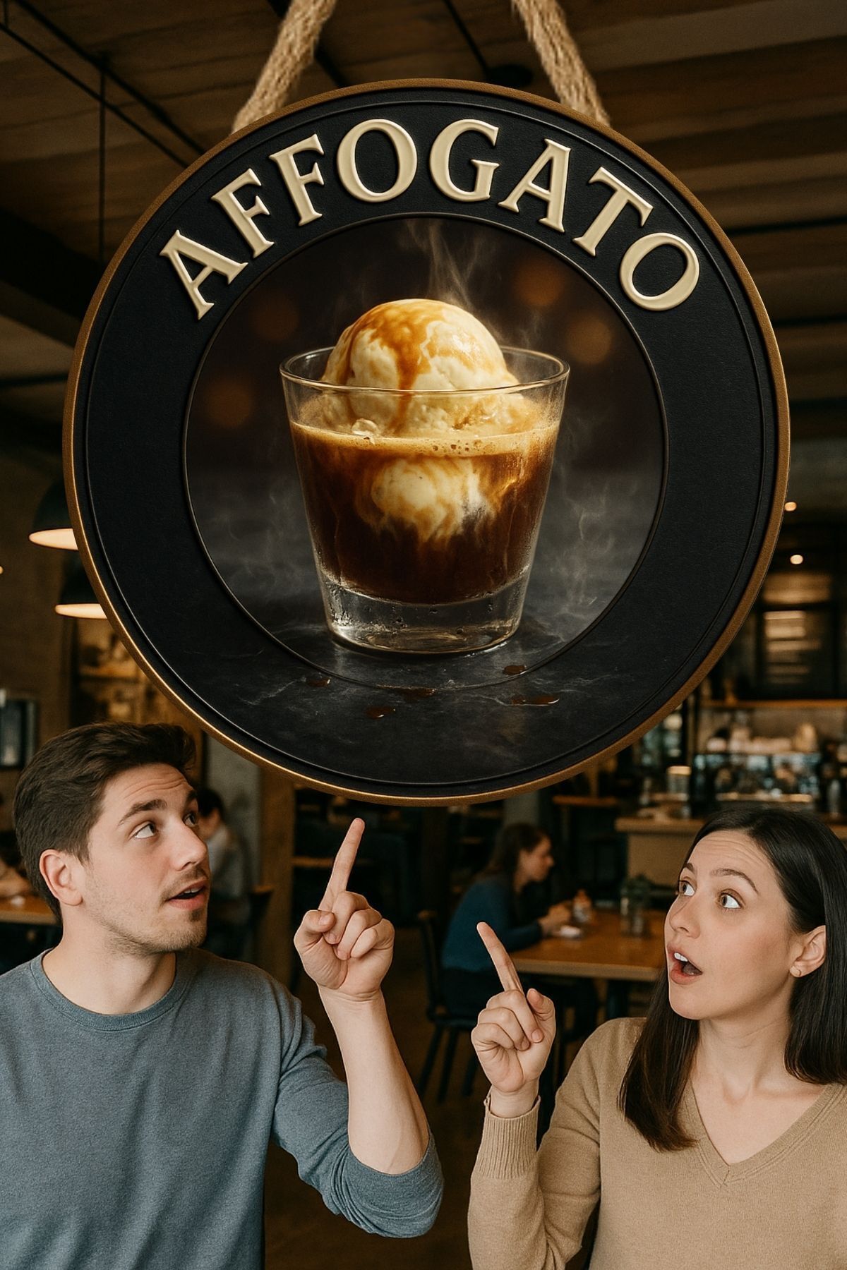 Affogato Temalı Yuvarlak Cafe Tabelası – Jüt İpli Ahşap Duvar & Kapı Dekoru | Barista Tarzı Süs