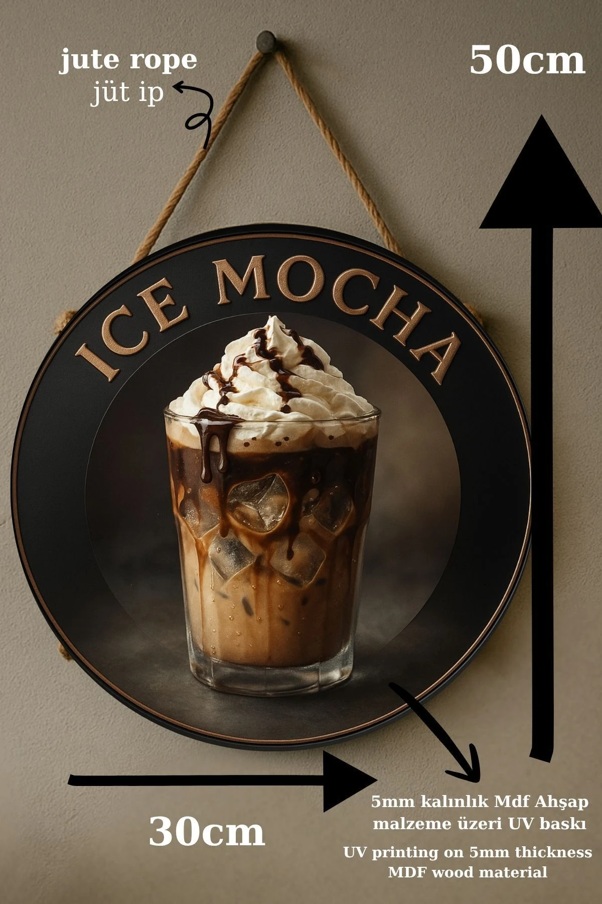 Ice Mocha Temalı Yuvarlak Cafe Tabelası – Jüt İpli Ahşap Duvar & Kapı Dekoru | Barista Tarzı Süs