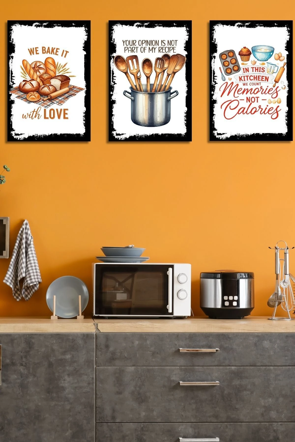 3'lü Ahşap Duvar Posterleri Seti, Mutfak, Cafe veya Yemek Odası için Modern Tablo Dekorasyonu