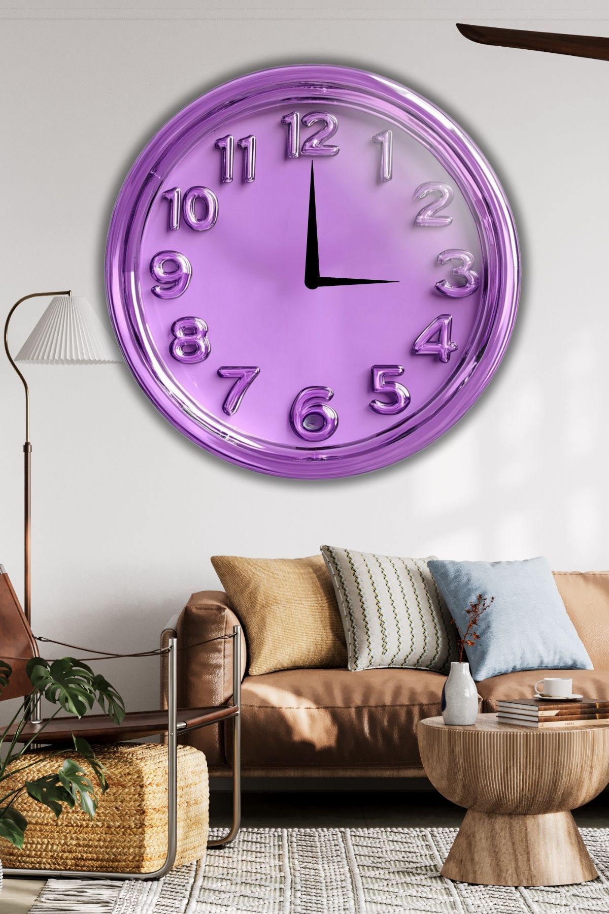 Büyük Boy Ahşap Dekoratif Mor Renkli Duvar Saati Yuvarlak Modern Sessiz Akar Duvar Saati Modeli