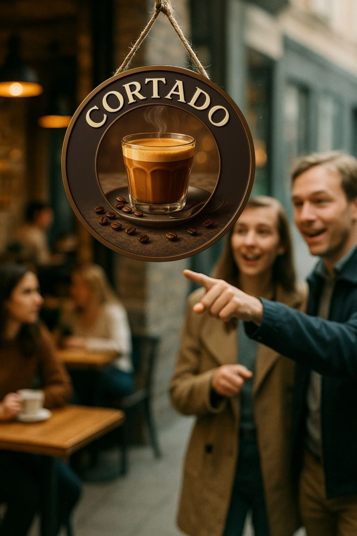 Cortado Temalı Yuvarlak Cafe Tabelası – Jüt İpli Ahşap Duvar & Kapı Dekoru | Barista Tarzı Süs