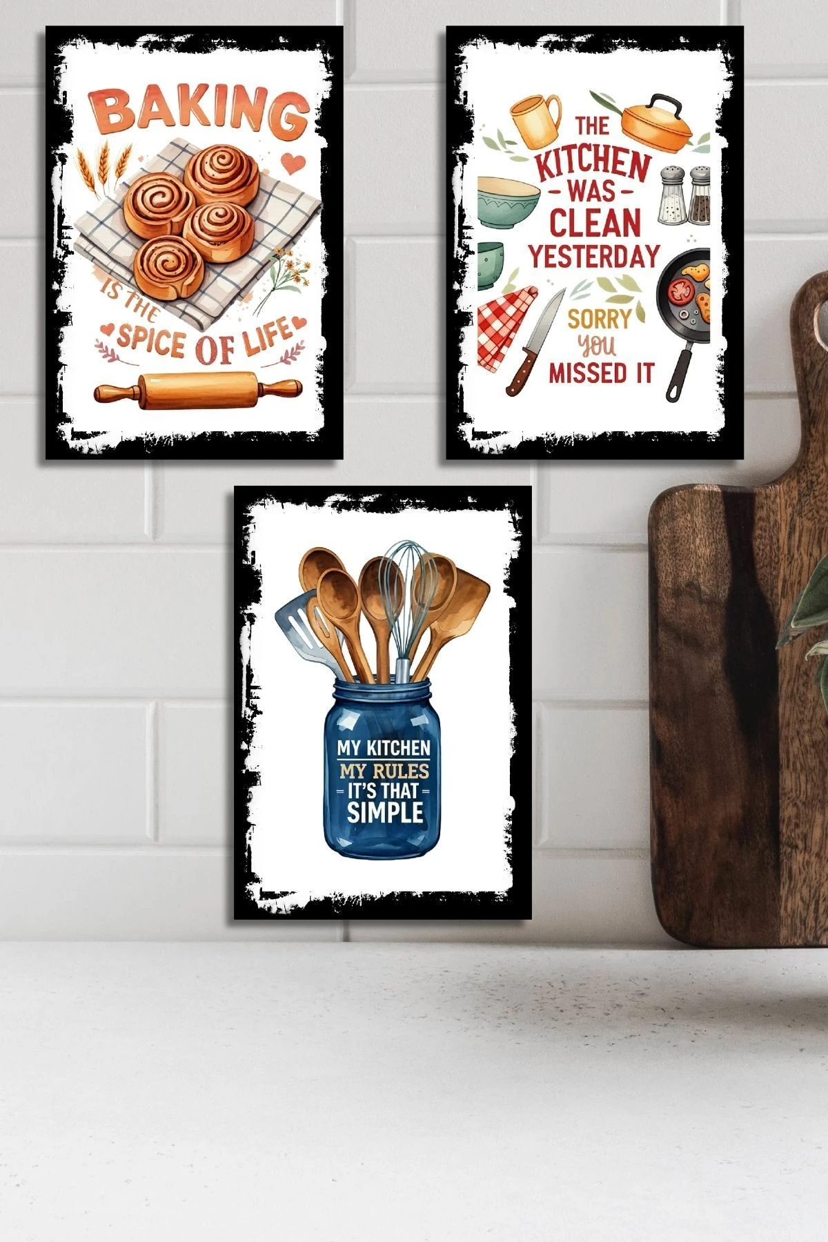 3'lü Ahşap Duvar Posterleri Seti, Mutfak, Cafe veya Yemek Odası için Modern Tablo Dekorasyonu