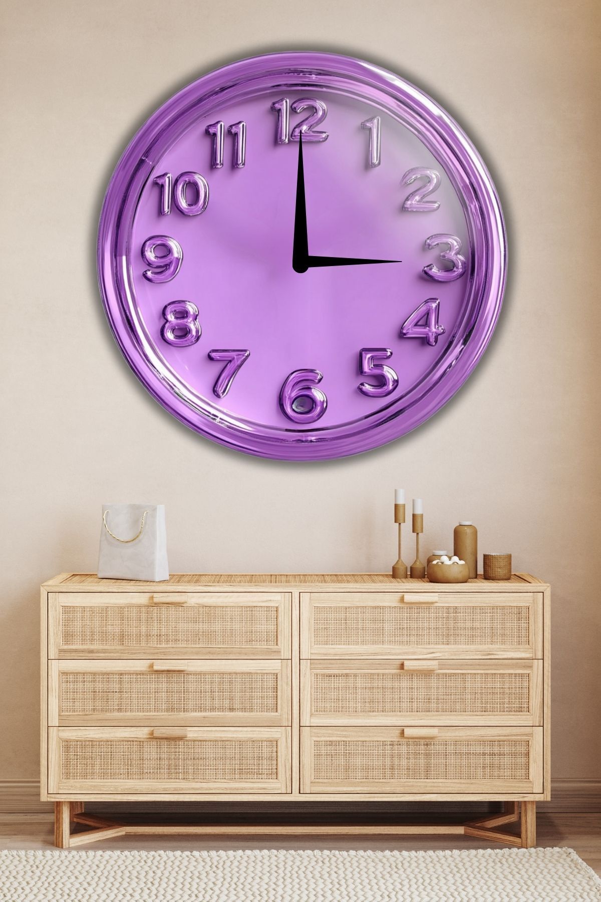 Büyük Boy Ahşap Dekoratif Mor Renkli Duvar Saati Yuvarlak Modern Sessiz Akar Duvar Saati Modeli