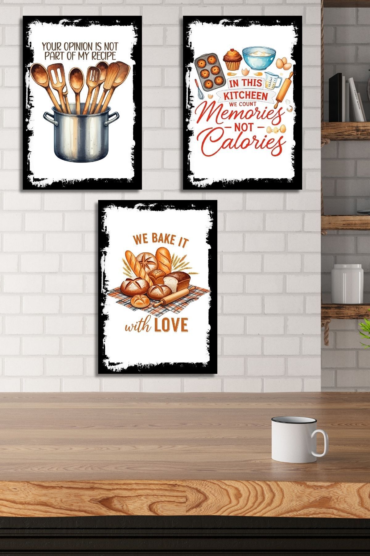 3'lü Ahşap Duvar Posterleri Seti, Mutfak, Cafe veya Yemek Odası için Modern Tablo Dekorasyonu