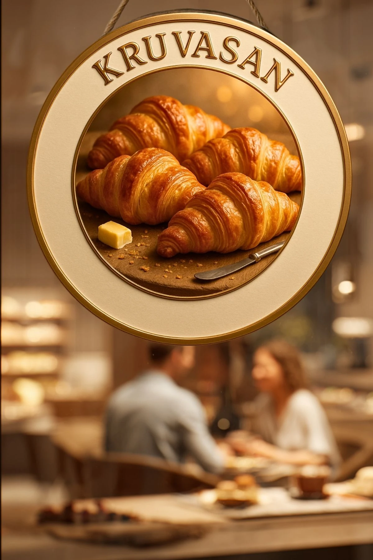 Kruvasan Temalı İpli Ahşap Kapı Duvar Süsü , Pastane, Tatlı Dükkanı, Cafe Dekoru