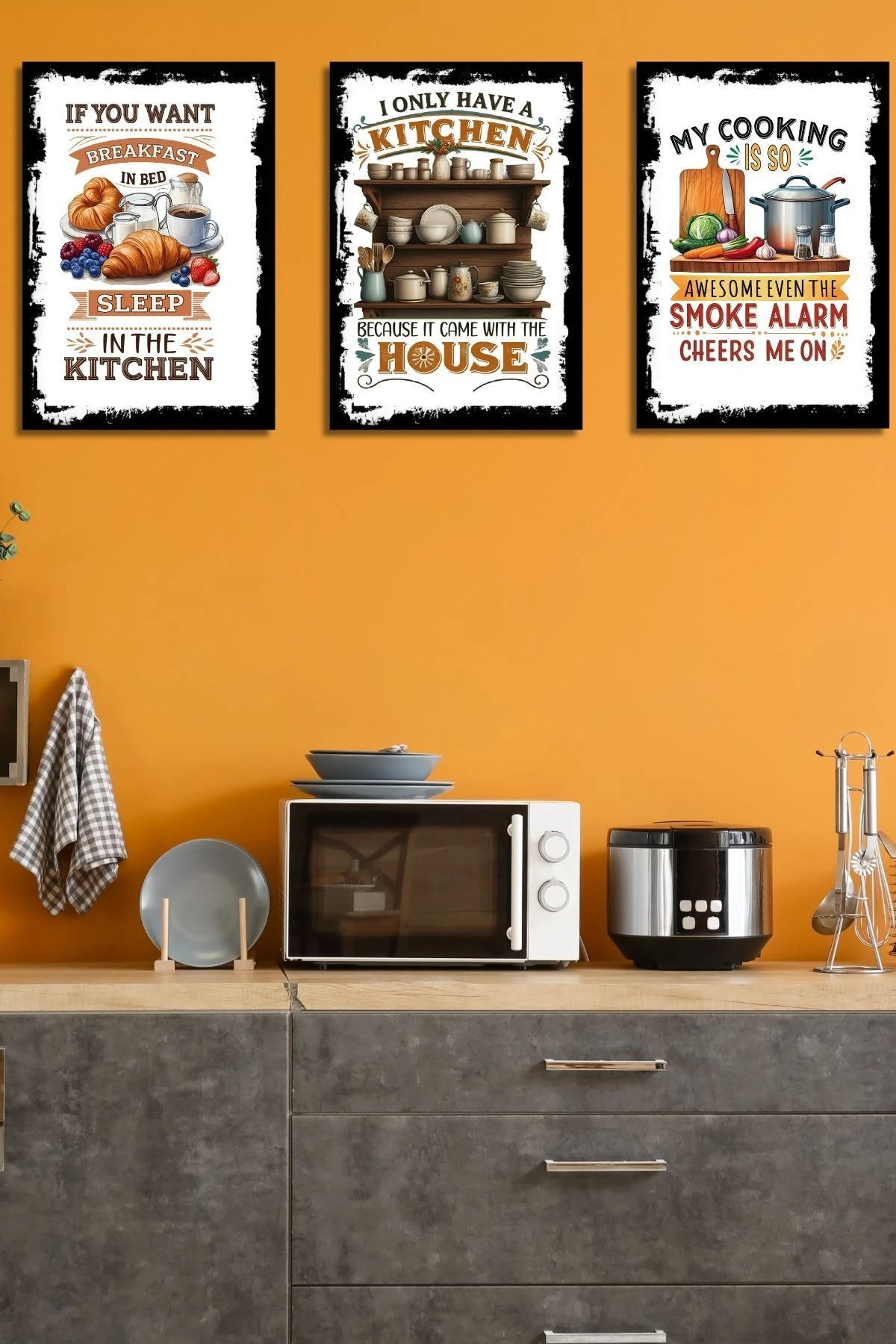 3'lü Ahşap Duvar Posterleri Seti, Mutfak, Cafe veya Yemek Odası için Modern Tablo Dekorasyonu