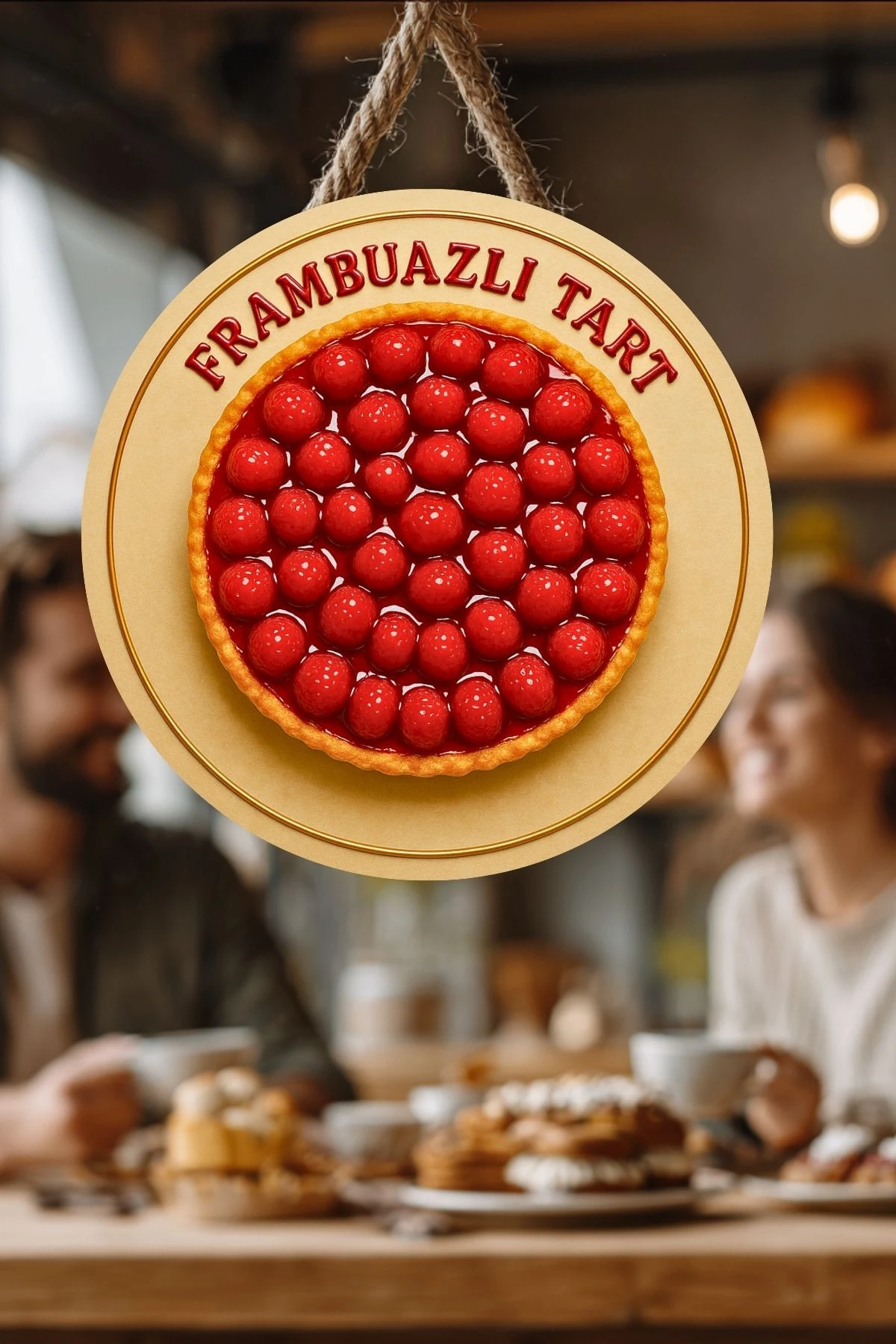 Frambuazlı Tart Temalı İpli Ahşap Kapı Duvar Süsü, Pastane, Tatlı Dükkanı, Cafe Tablo Dekoru