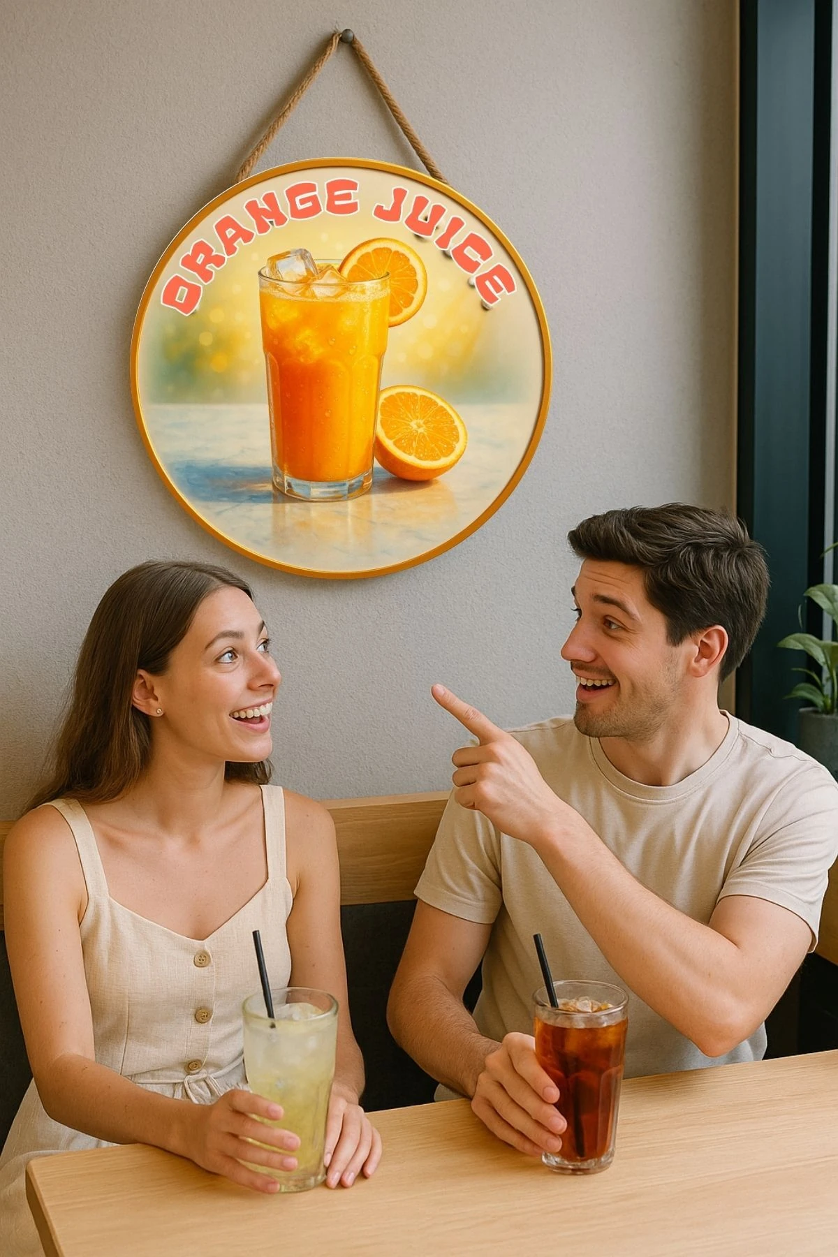 Orange Juice Portakal Suyu Temalı Kapı Süsü Tablosu – UV Baskılı Meyve Desenli Cafe Duvar Dekoru