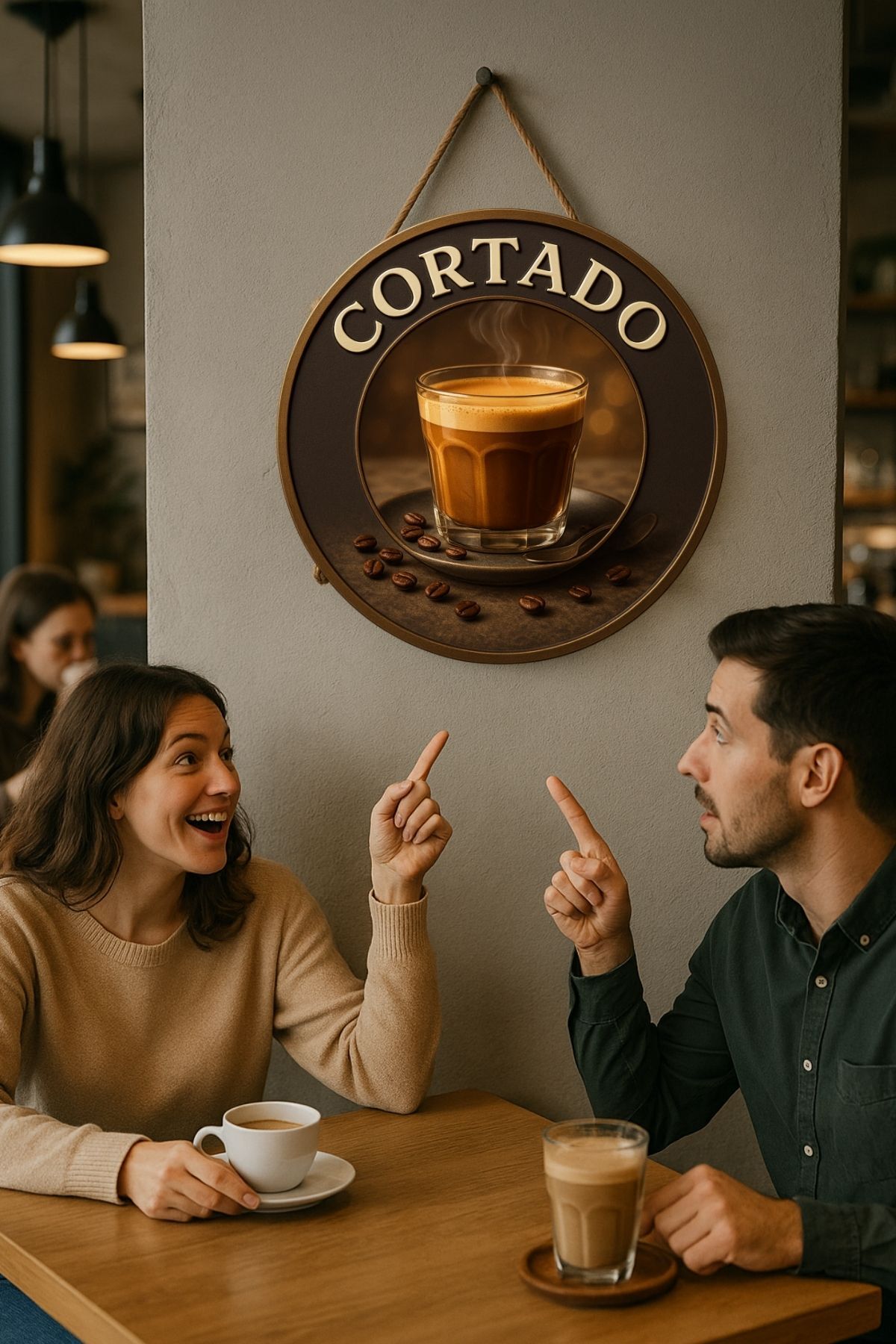 Cortado Temalı Yuvarlak Cafe Tabelası – Jüt İpli Ahşap Duvar & Kapı Dekoru | Barista Tarzı Süs